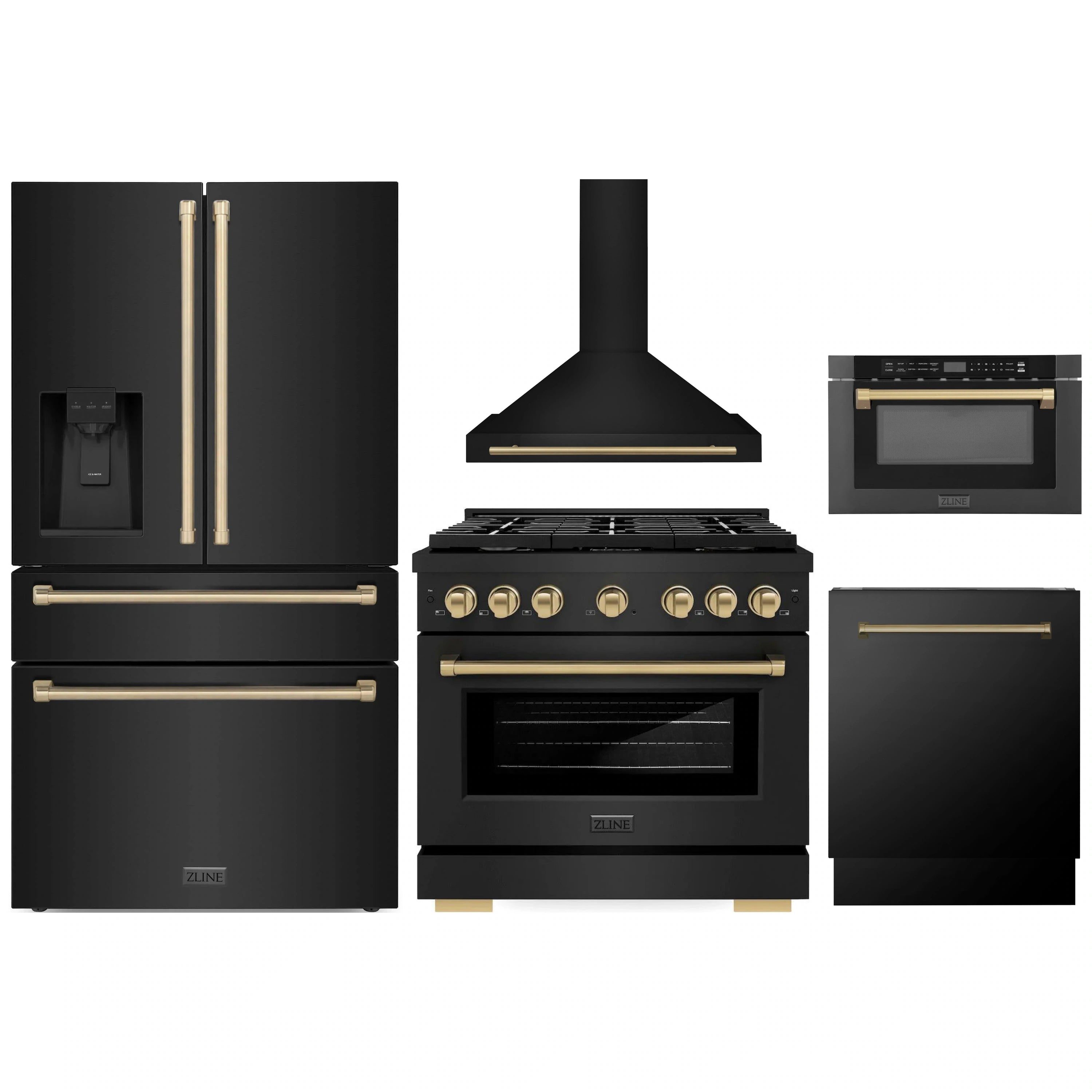 5-piece black stainless appliance package with champagne bronze accents, shown front view