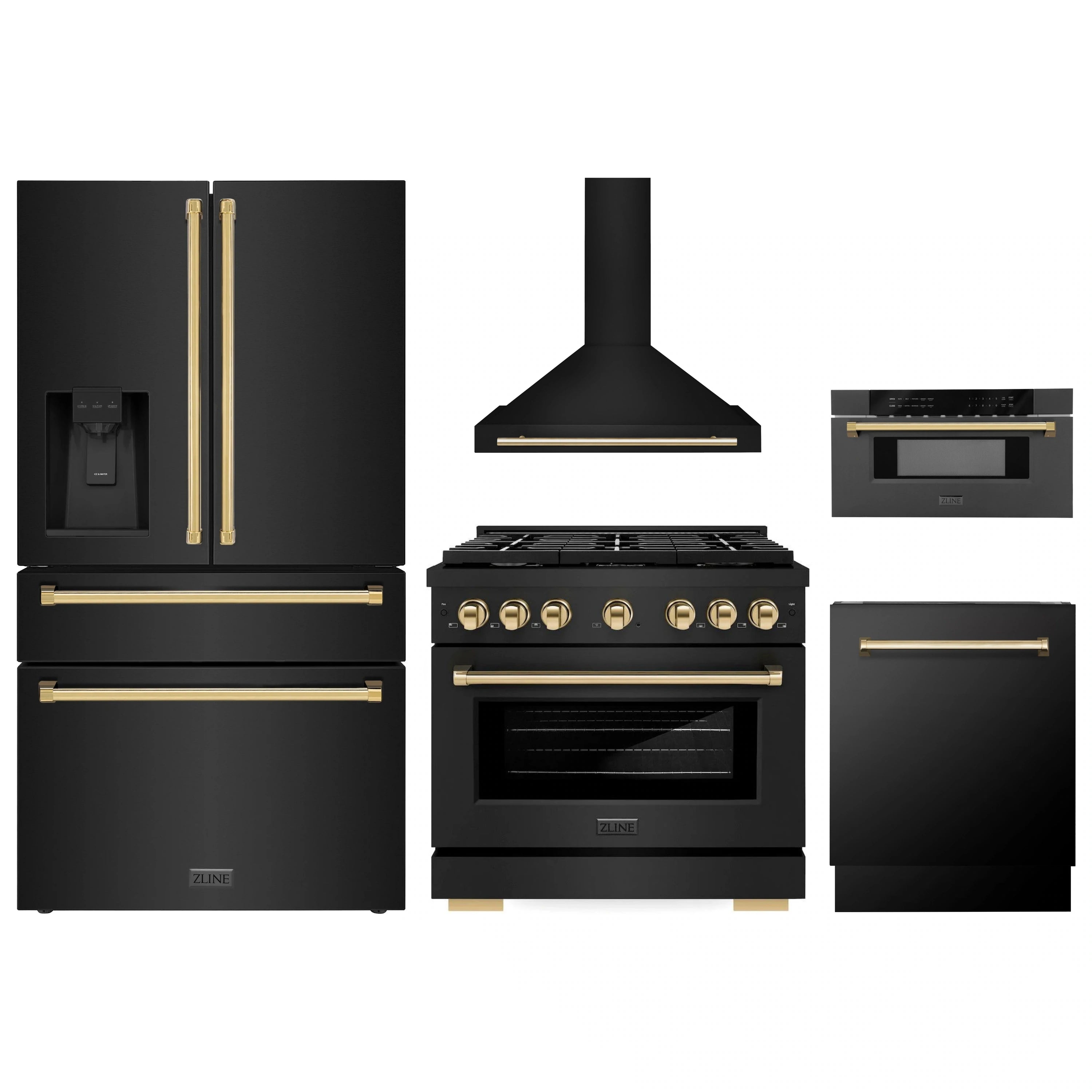 Black stainless kitchen appliance set with gold accents: hood, gas range, fridge, dishwasher