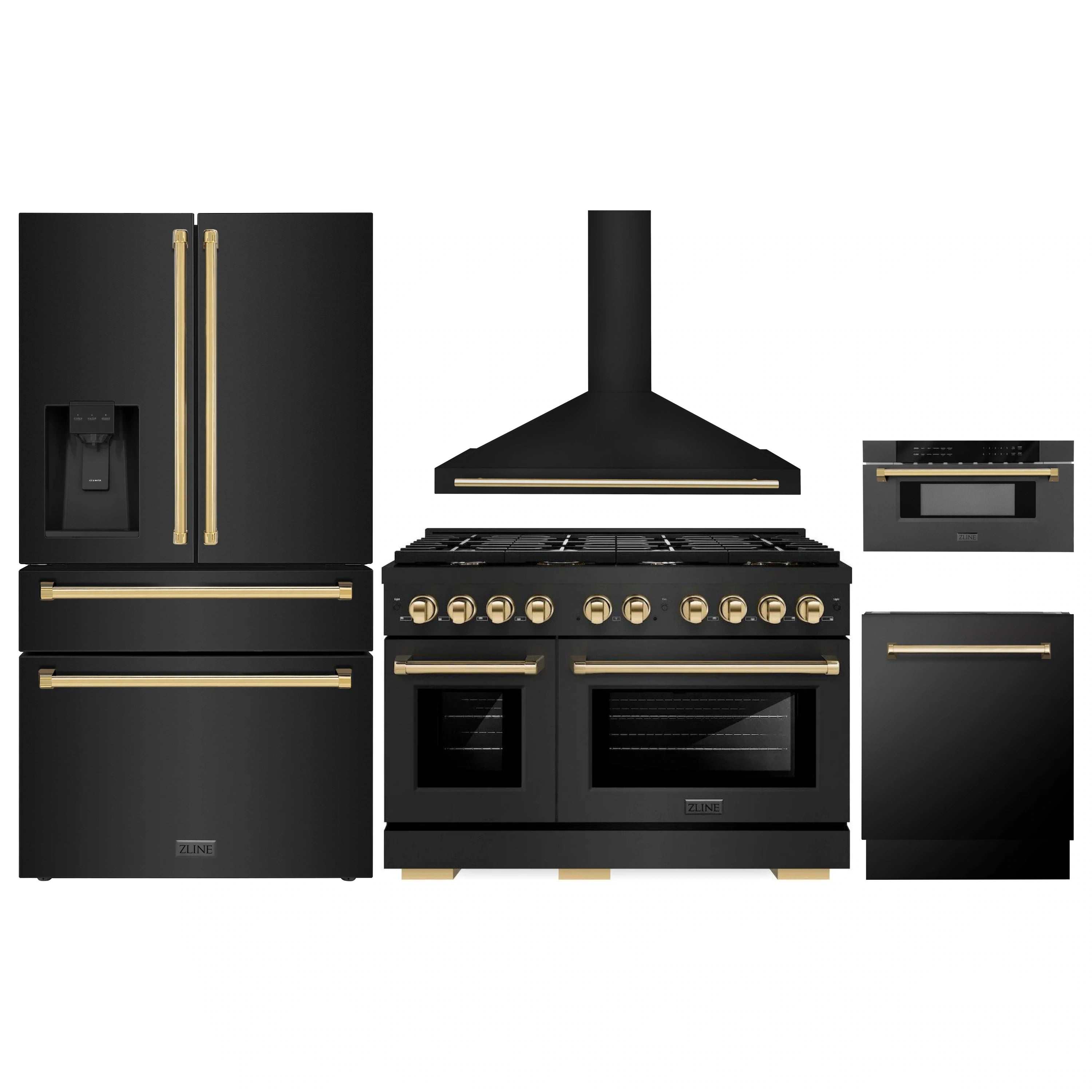 Black stainless steel appliance package with gold accents: range, hood, fridge, microwave, dishwasher