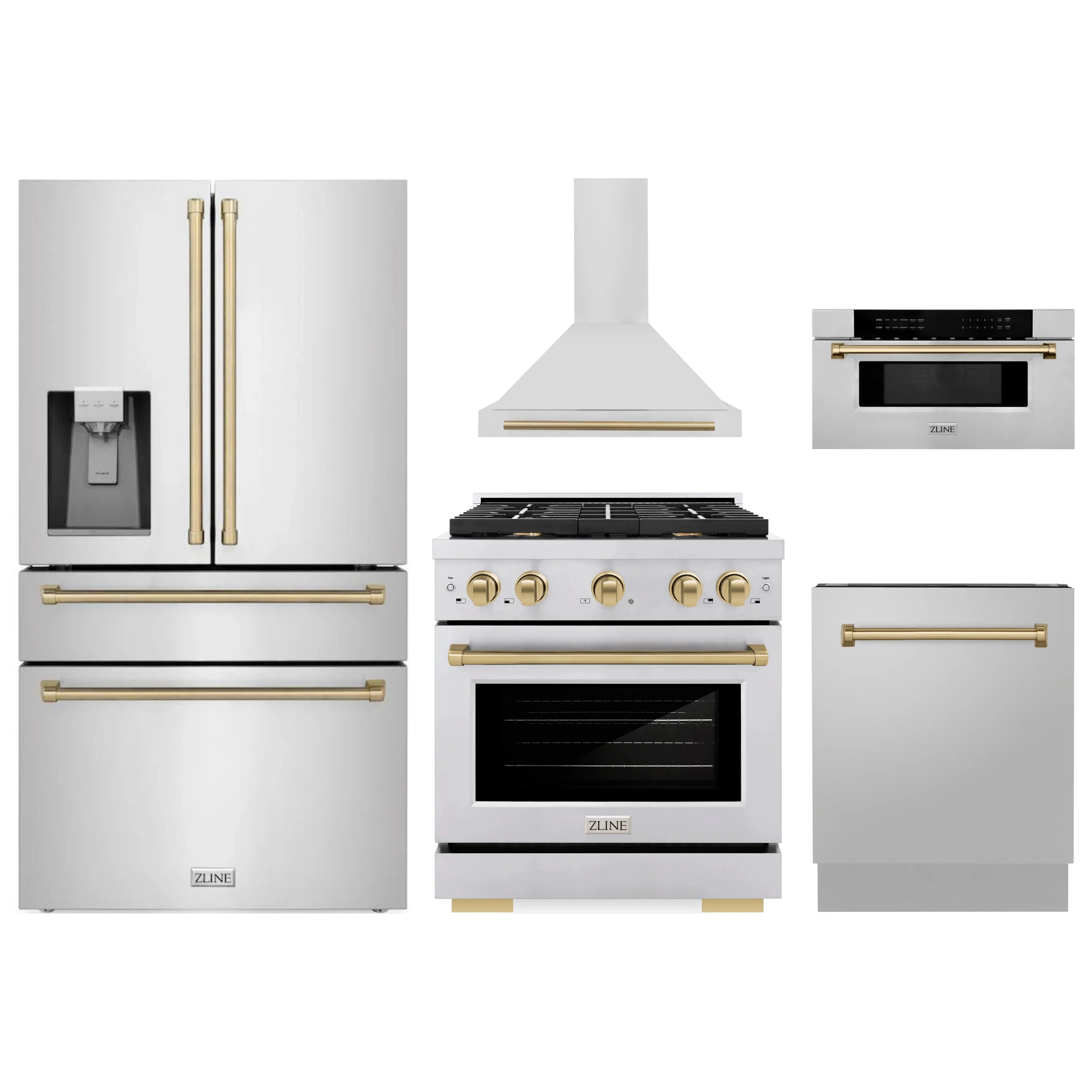 Stainless steel appliance package with gas range, microwave drawer, refrigerator, hood, dishwasher