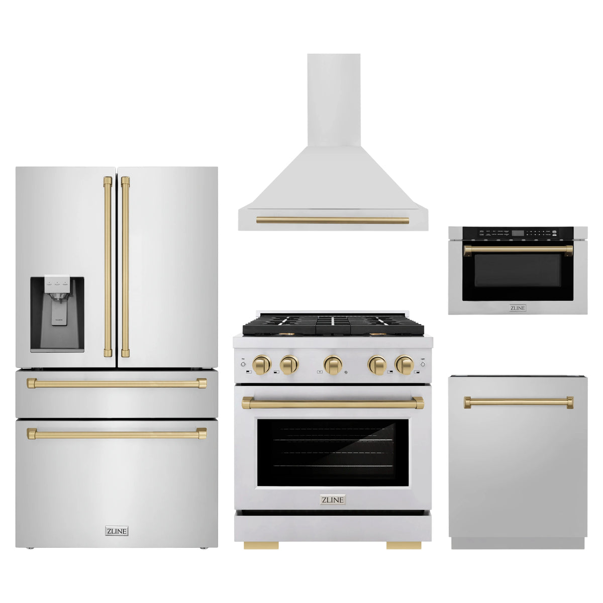 ZLINE 5-Piece Appliance Package - 30-Inch Paramount Autograph Gas Range, Wall Mount Range Hood, 36-Inch French Door Refrigerator with Water Dispenser, Dishwasher, and 24-Inch Microwave Drawer in Stainless Steel with Champagne Bronze Accents