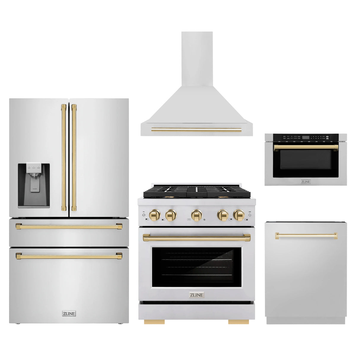 ZLINE 5-Piece Appliance Package - 30-Inch Paramount Autograph Gas Range, Wall Mount Range Hood, 36-Inch French Door Refrigerator with Water Dispenser, Dishwasher, and 24-Inch Microwave Drawer in Stainless Steel with Gold Accents