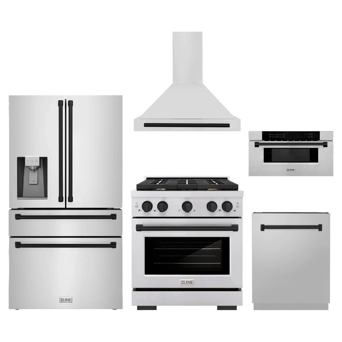 ZLINE 5-Piece Appliance Package - 30-Inch Paramount Autograph Gas Range, Wall Mount Range Hood, 36-Inch French Door Refrigerator with Water Dispenser, Dishwasher, and 30-Inch Microwave Drawer in Stainless Steel with Matte Black Accents