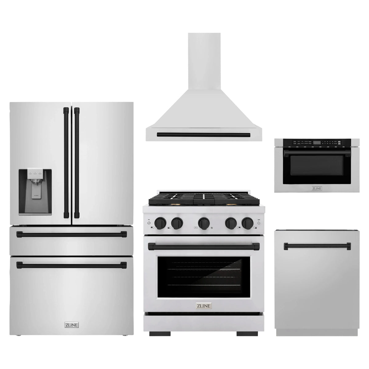 ZLINE 5-Piece Appliance Package - 30-Inch Paramount Autograph Gas Range, Wall Mount Range Hood, 36-Inch French Door Refrigerator with Water Dispenser, Dishwasher, and 24-Inch Microwave Drawer in Stainless Steel with Matte Black Accents