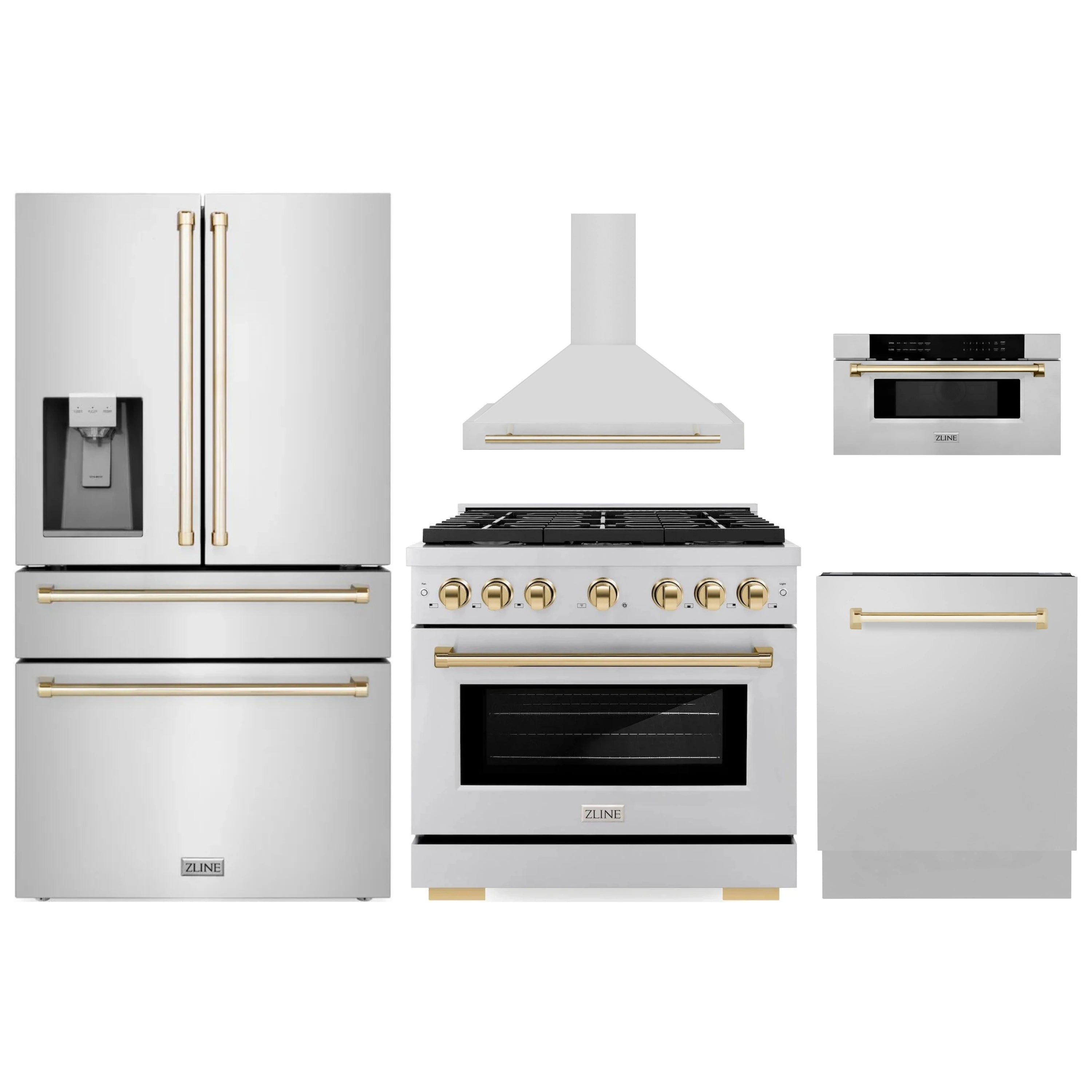 Stainless steel appliance package with French-door refrigerator, gas range, microwave and hood