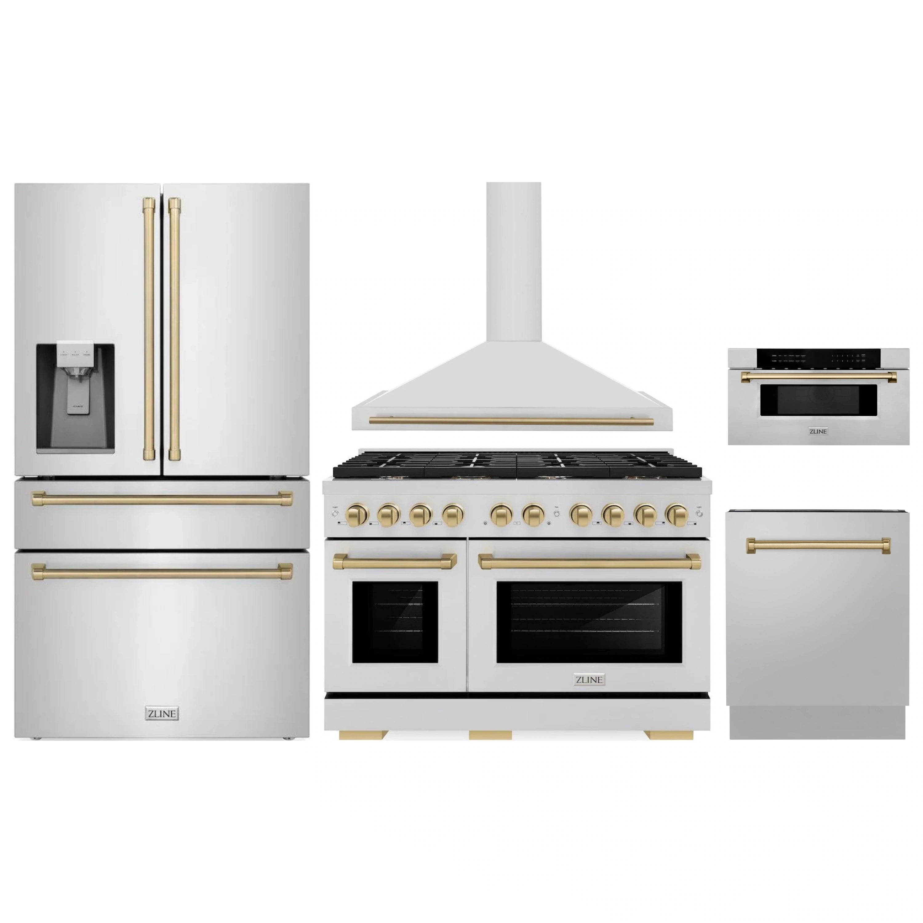 Stainless steel appliance package with gas range, hood, refrigerator, microwave, dishwasher