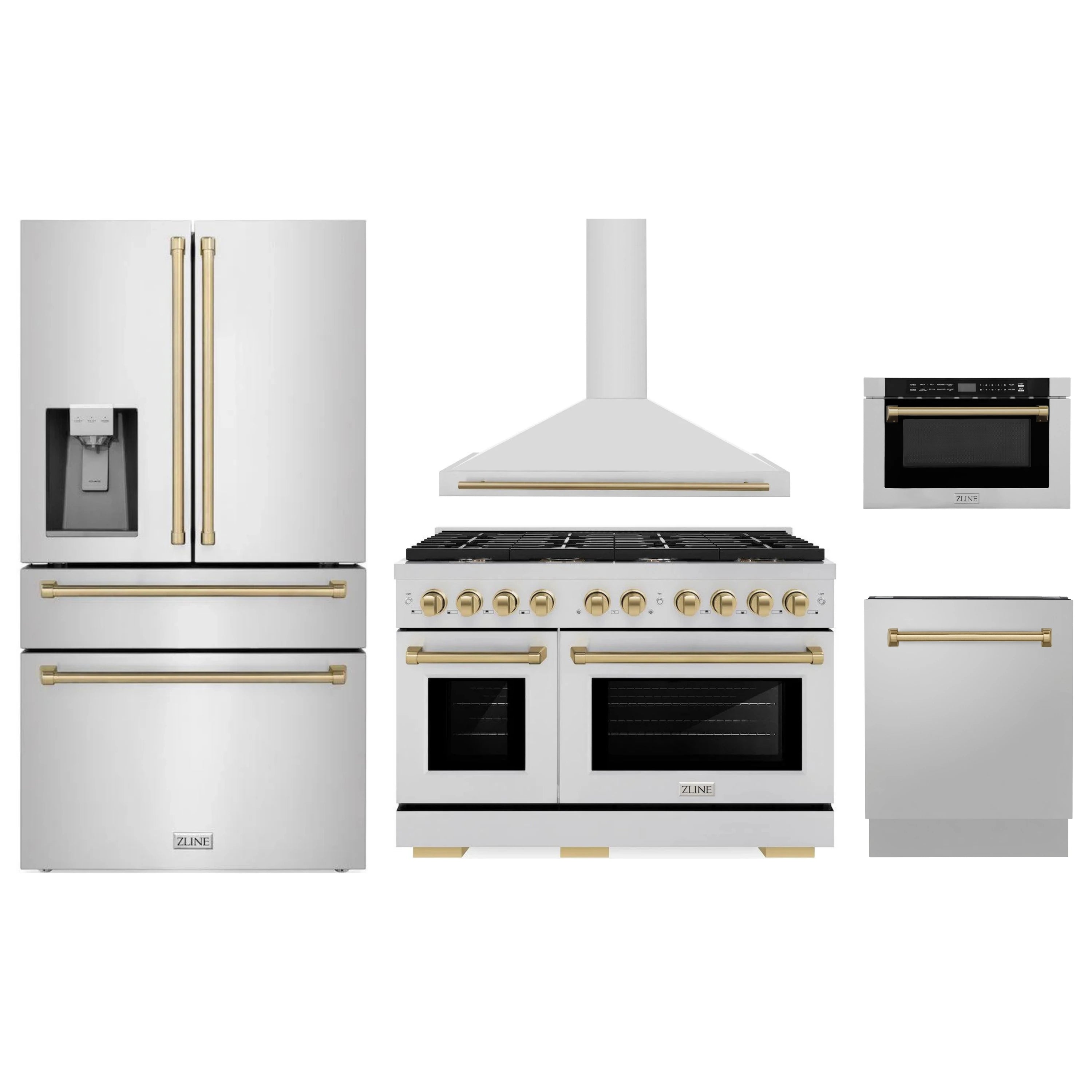 Stainless steel appliance bundle: gas range, hood, refrigerator, dishwasher, and microwave