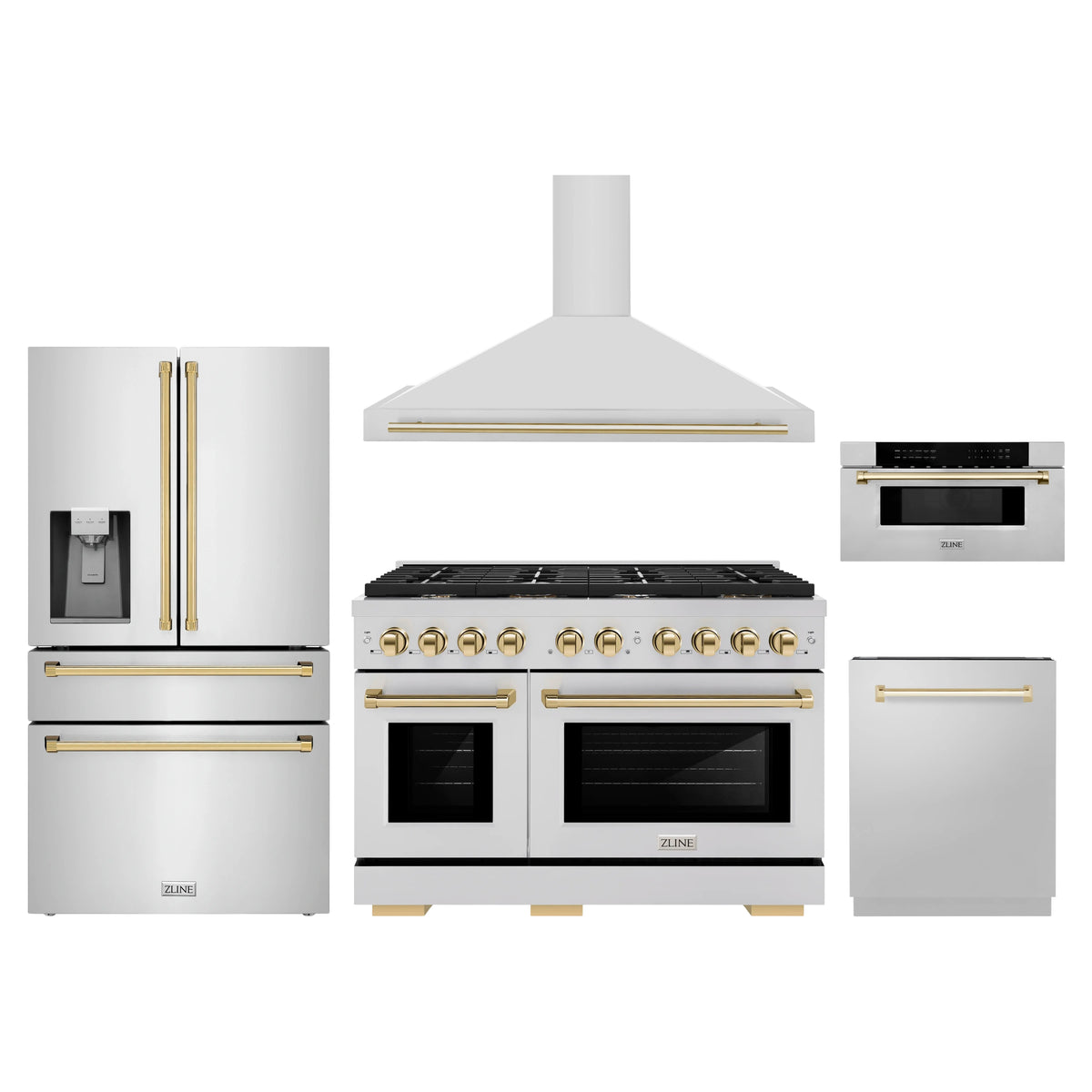 ZLINE 5-Piece Appliance Package - 48-Inch Paramount Autograph Gas Range, Wall Mount Range Hood, 36-Inch French Door Refrigerator with Water Dispenser, Dishwasher, and 30-Inch Microwave Drawer in Stainless Steel with Gold Accents