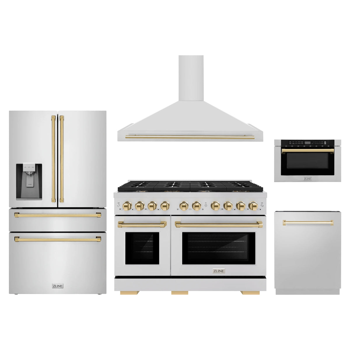 ZLINE 5-Piece Appliance Package - 48-Inch Paramount Autograph Gas Range, Wall Mount Range Hood, 36-Inch French Door Refrigerator with Water Dispenser, Dishwasher, and 24-Inch Microwave Drawer in Stainless Steel with Gold Accents