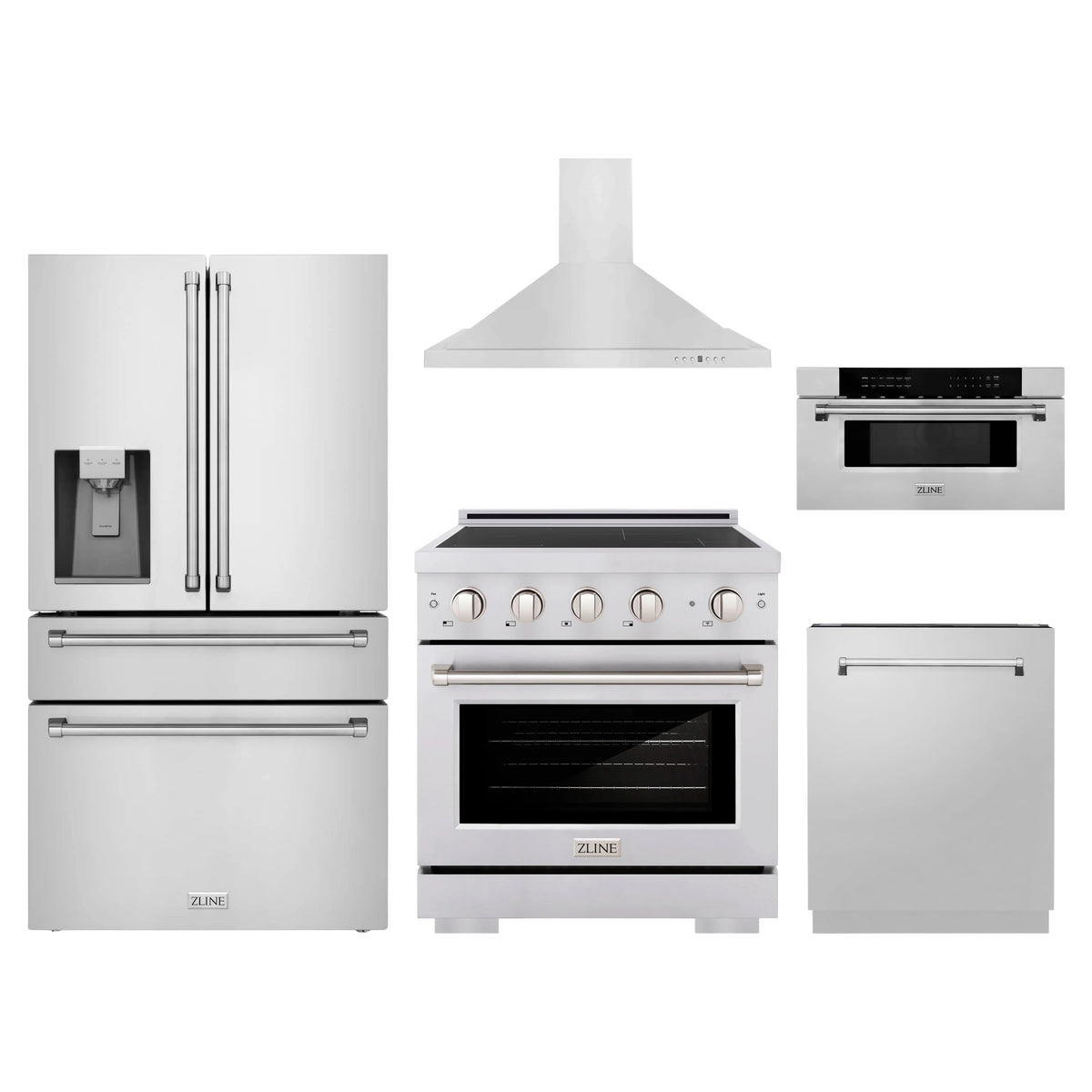 ZLINE 5-Piece Appliance Package - 30-Inch Paramount Induction Range, Wall Mount Range Hood, 36-Inch French Door Refrigerator with Water Dispenser, Dishwasher, and 30-Inch Microwave Drawer in Stainless Steel