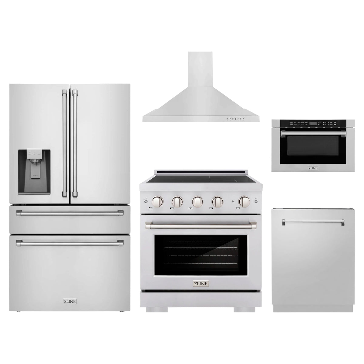 ZLINE 5-Piece Appliance Package - 30-Inch Paramount Induction Range, Wall Mount Range Hood, 36-Inch French Door Refrigerator with Water Dispenser, Dishwasher, and 24-Inch Microwave Drawer in Stainless Steel