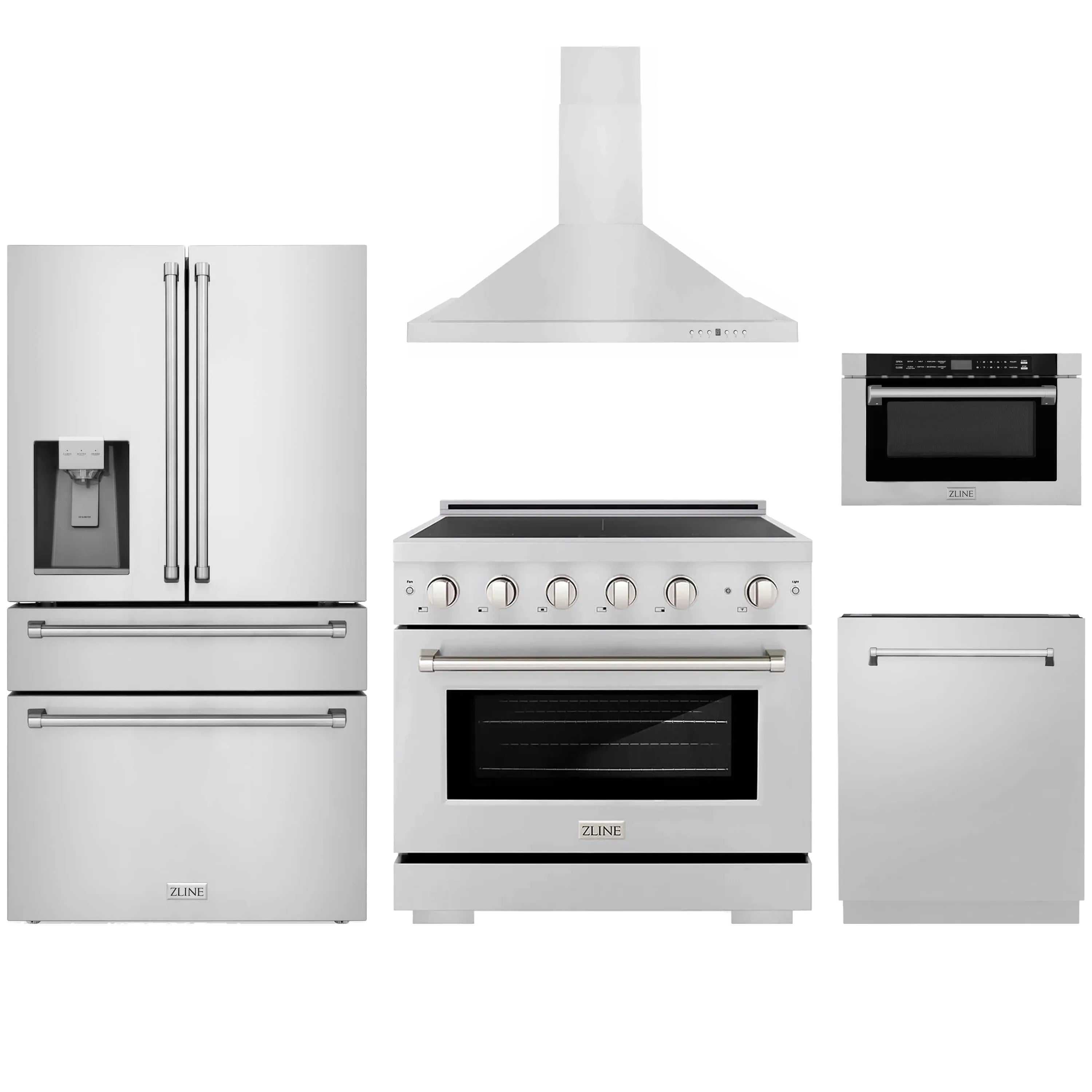 Stainless steel 5-piece kitchen set: induction range, hood, fridge, dishwasher, microwave
