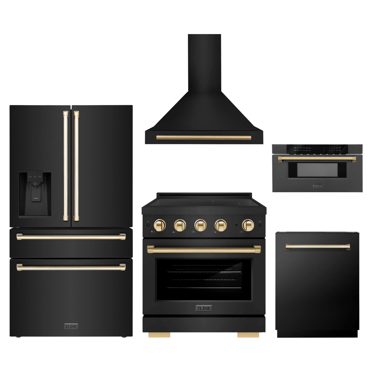 ZLINE 5-Piece Appliance Package - 30-Inch Autograph Induction Range, Wall Mount Range Hood, 36-Inch French Door Refrigerator with Water Dispenser, Dishwasher, and 30-Inch Microwave Drawer in Black Stainless Steel with Gold Accents