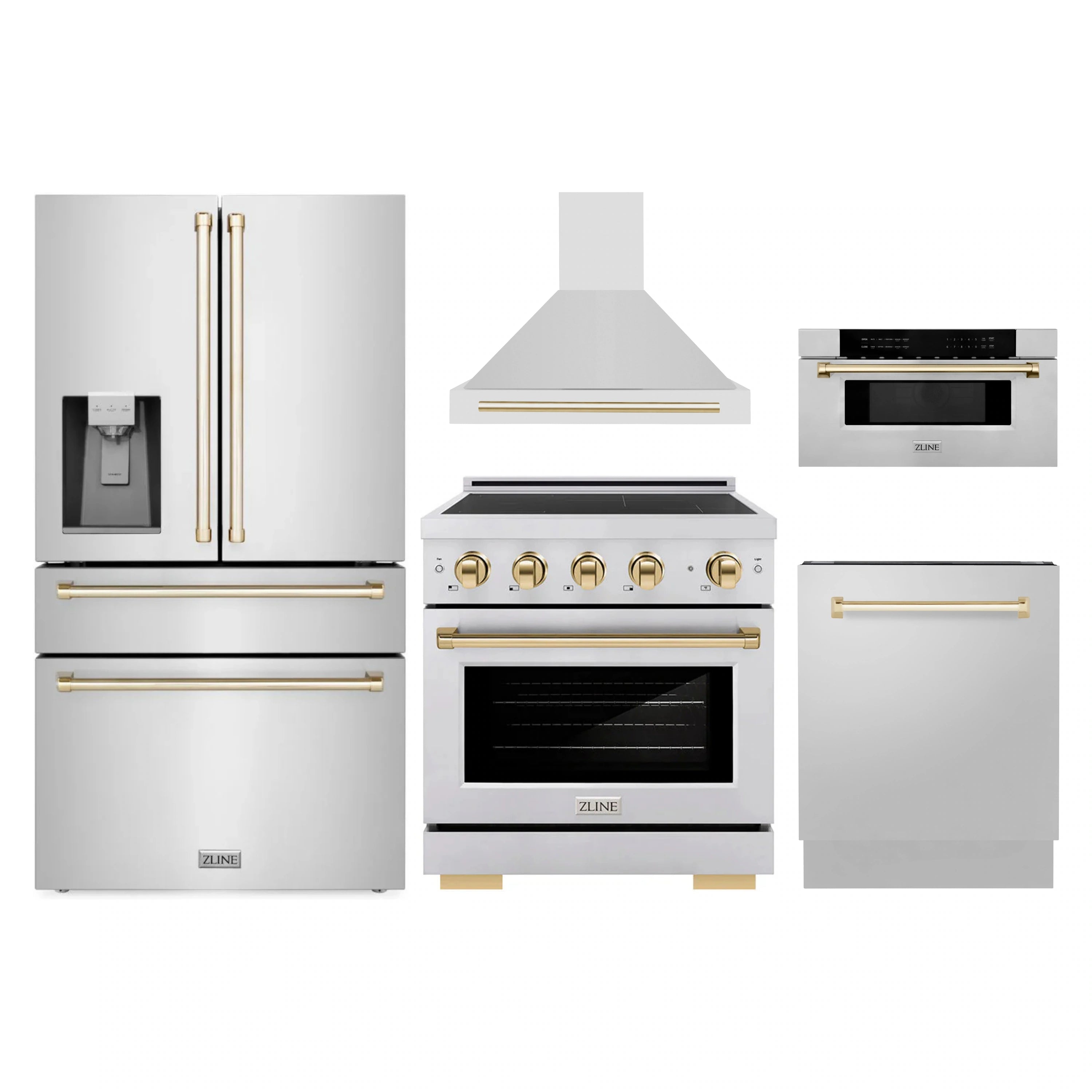 Stainless steel kitchen appliance package with gold accents and black doors