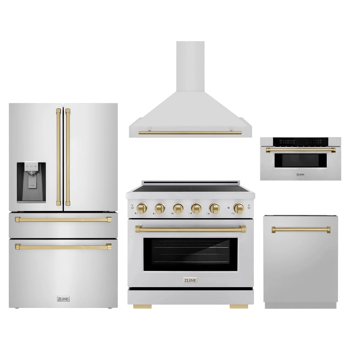 ZLINE 5-Piece Appliance Package - 36-Inch Autograph Edition Induction Range, Wall Mount Range Hood, 36-Inch French Door Refrigerator with Water Dispenser, Dishwasher, and 30-Inch Microwave Drawer in Stainless Steel with Champagne Bronze Accents