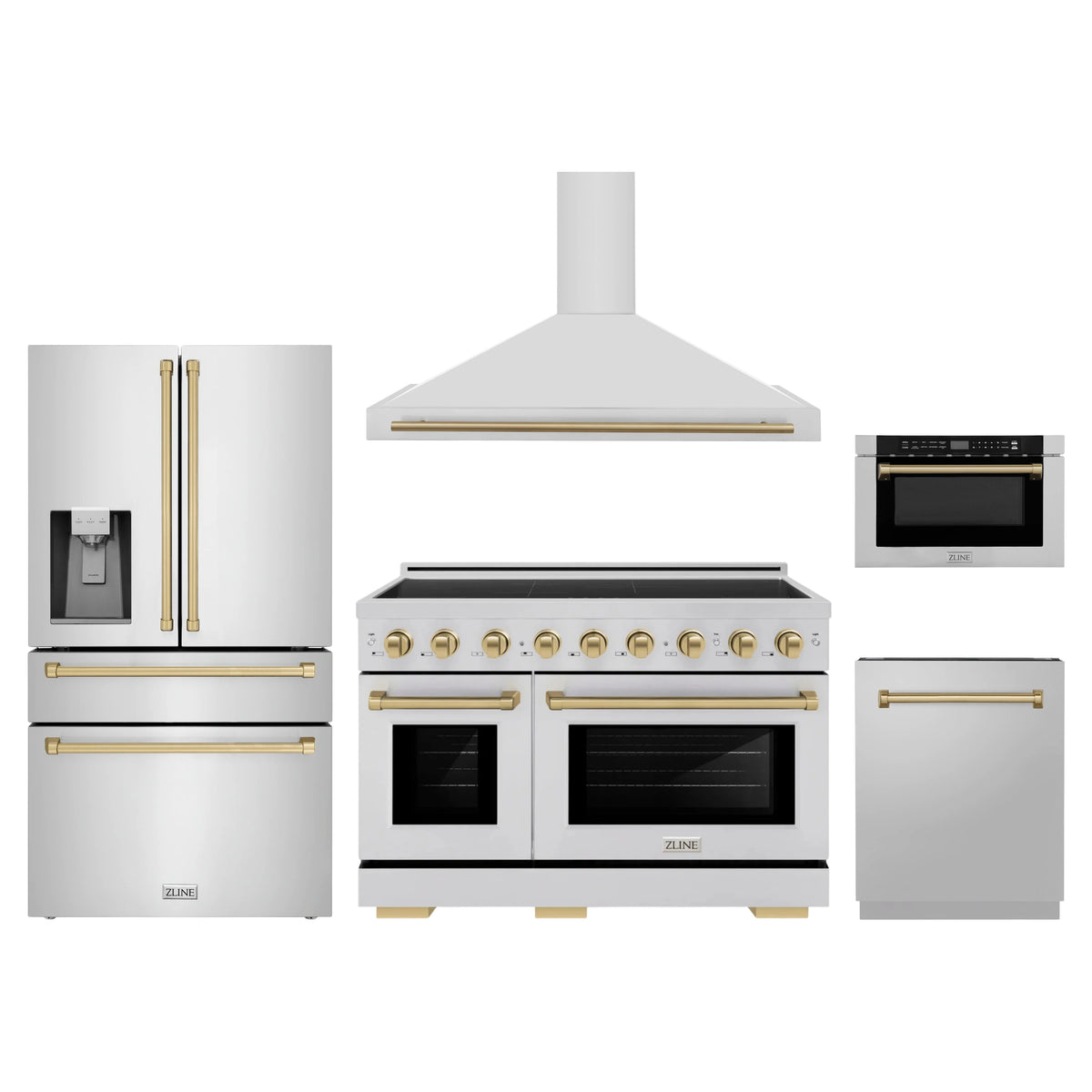 ZLINE 5-Piece Appliance Package - 48-Inch Autograph Edition Induction Range, Wall Mount Range Hood, 36-Inch French Door Refrigerator with Water Dispenser, Dishwasher, and 24-Inch Microwave Drawer in Stainless Steel with Champagne Bronze Accents