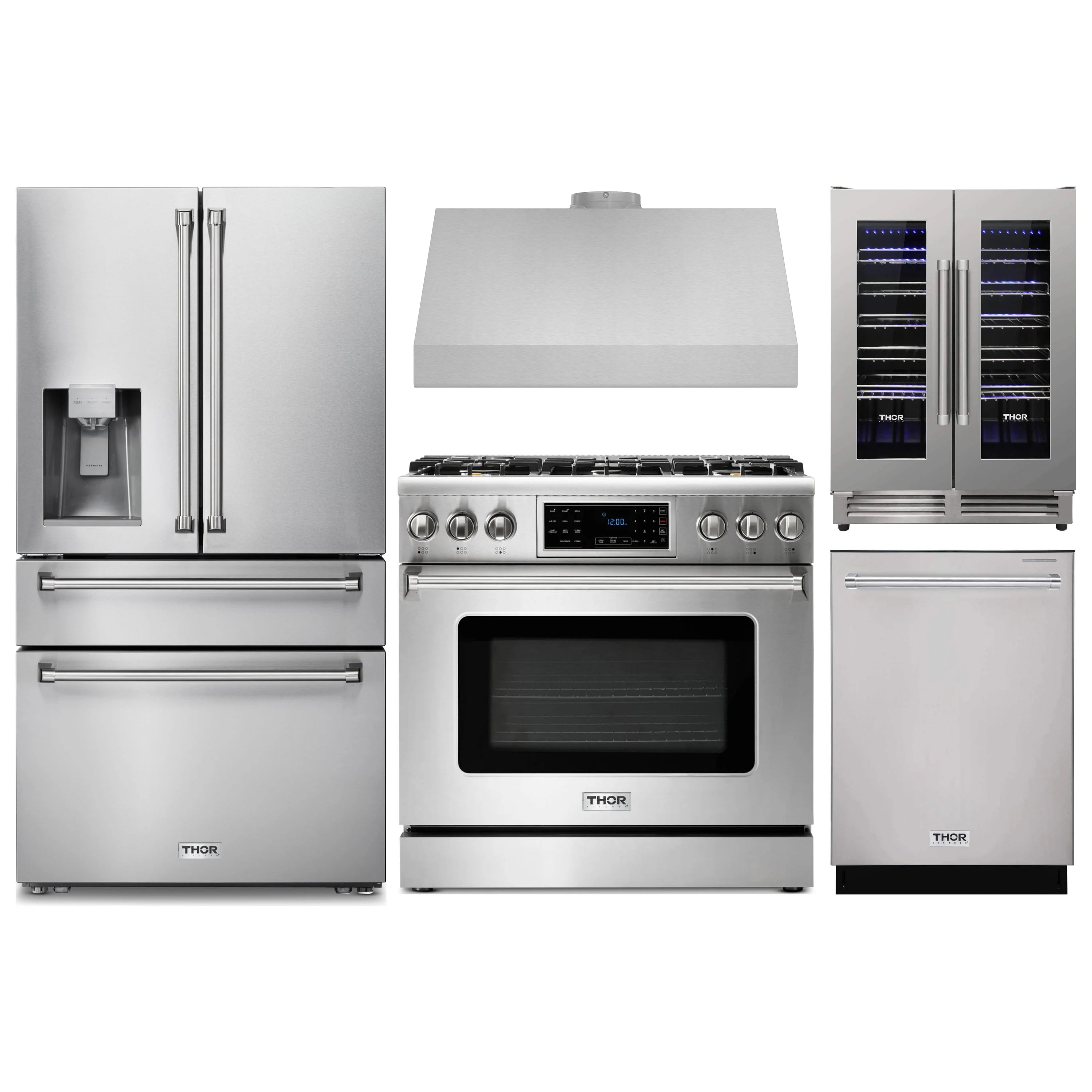 Stainless appliance package with refrigerator, gas range, dishwasher, and wine cooler