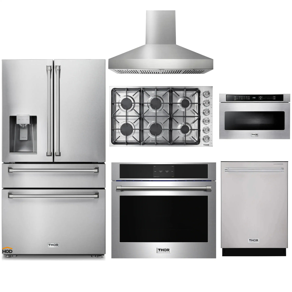 Stainless steel 6-piece pro appliance package: fridge, cooktop, hood, oven, dishwasher
