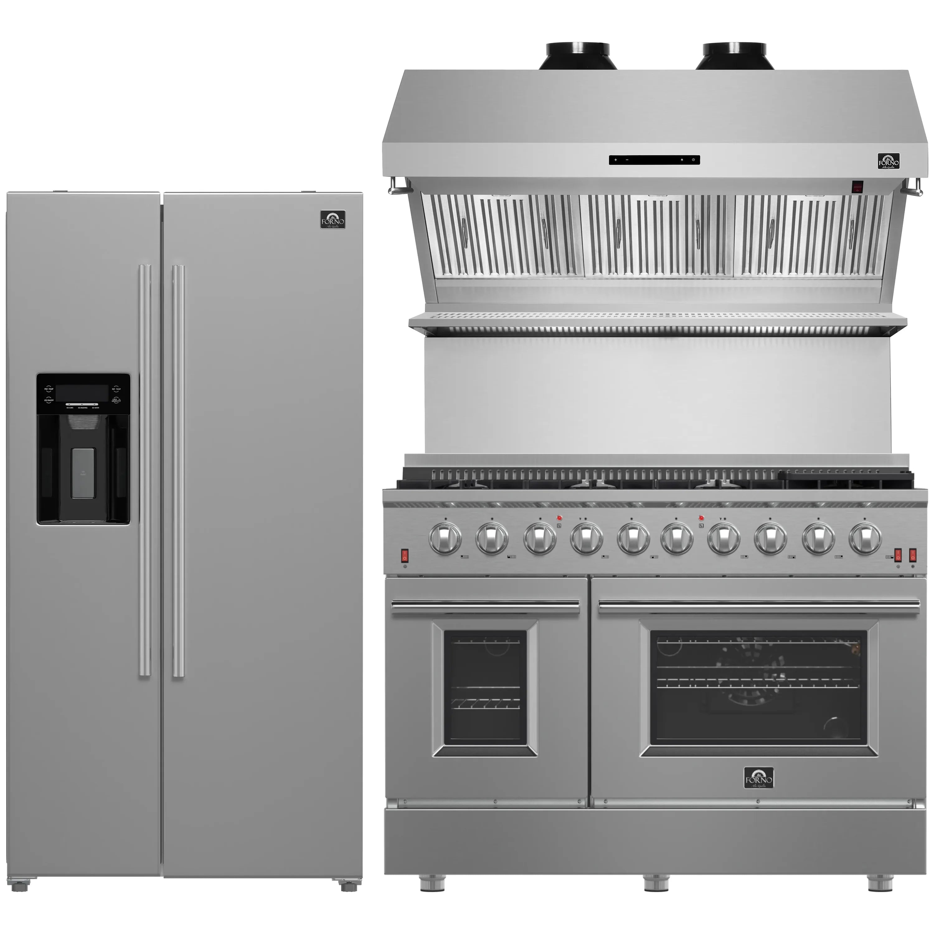 Forno 3-Piece Appliance Package - 48-Inch Gas Range, Refrigerator with Water Dispenser, & Wall Mount Hood with Backsplash in Stainless Steel