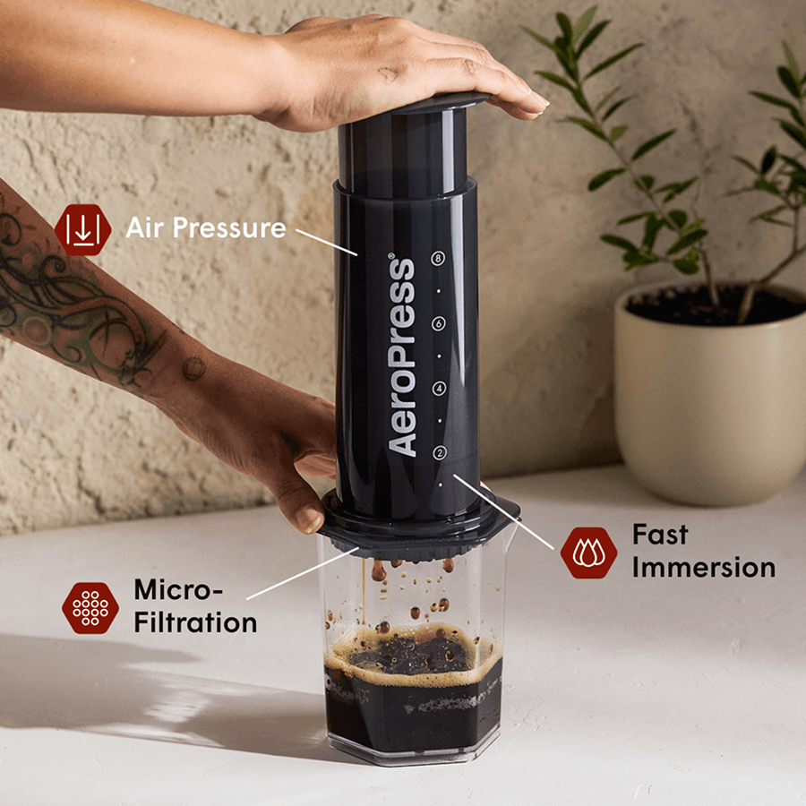 AeroPress Original XL coffee maker brewing coffee into a transparent carafe