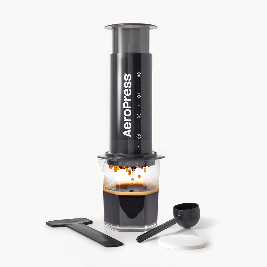 AeroPress Original XL coffee maker with black brewing cylinder and 20 oz carafe