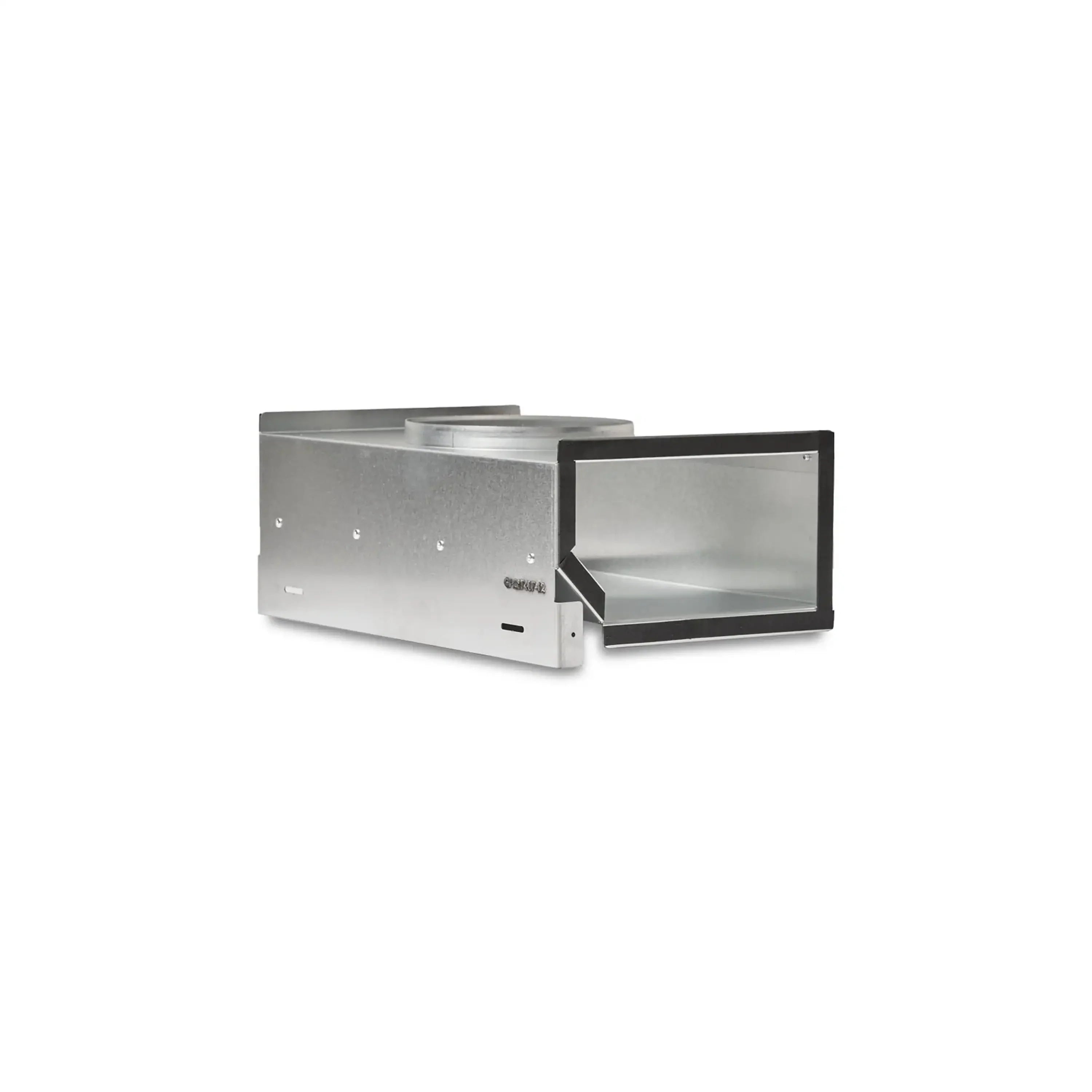 Stainless steel recirculating kit housing with hinged front panel and duct connection
