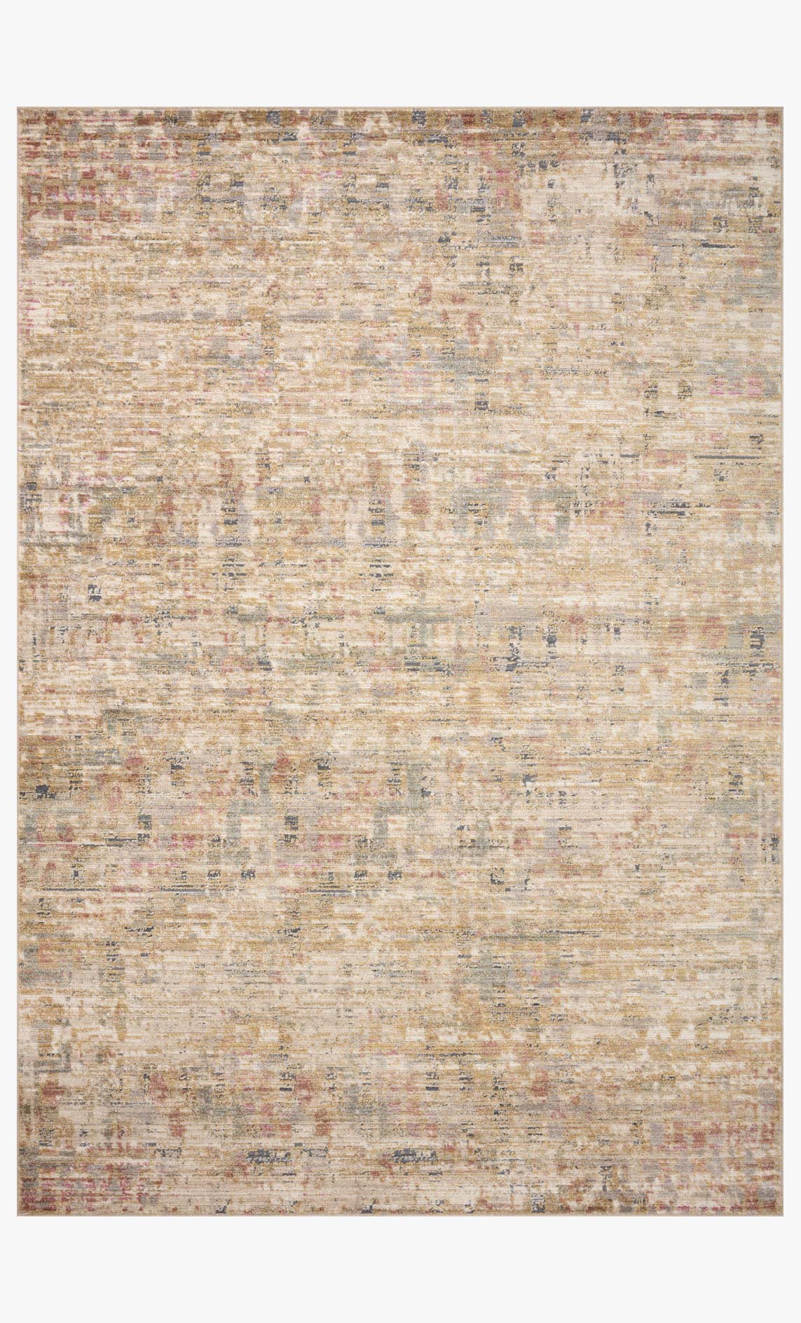 Rectangular sand beige area rug with distressed multicolor texture pattern