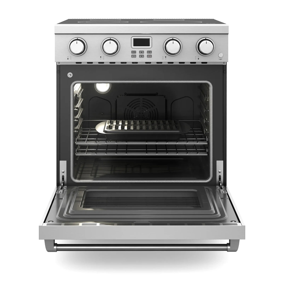 Stainless steel electric oven with open door, racks, and interior heating elements