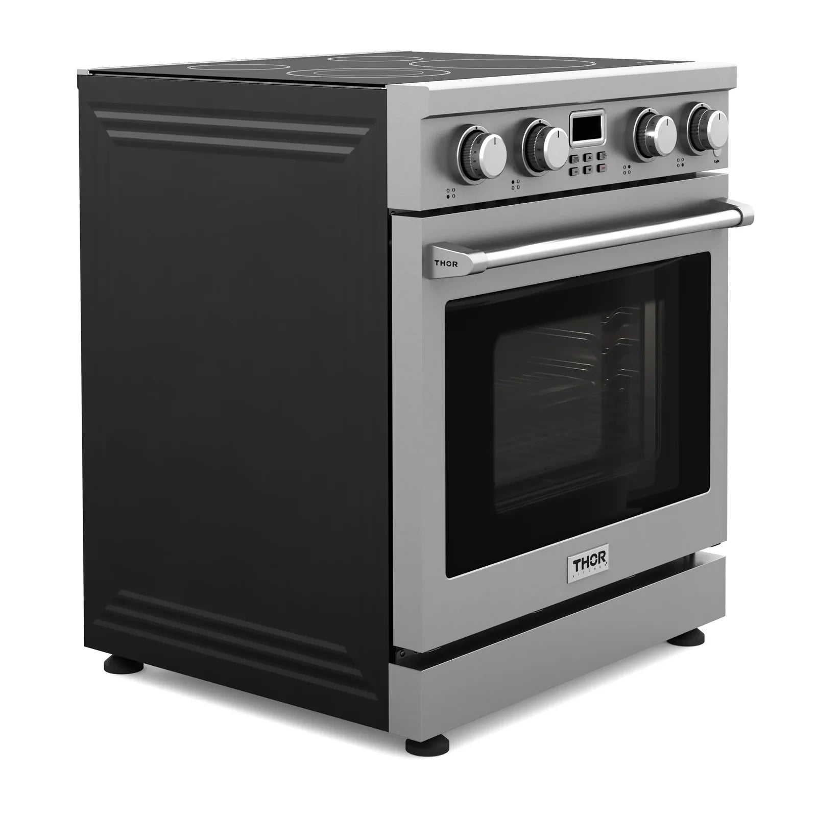 Electric range with stainless control panel, oven window, and black side trim