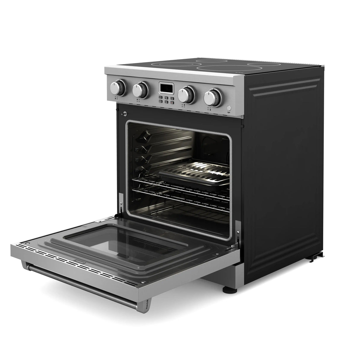 Stainless steel electric range with oven door open and oven cavity visible