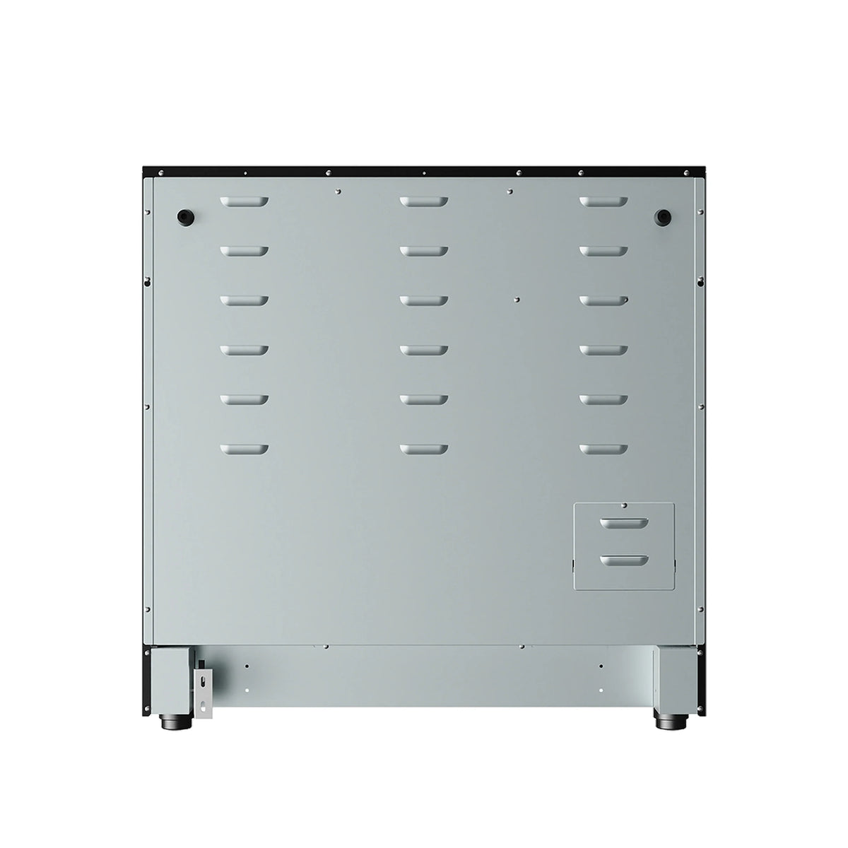 Built-in stainless-gray appliance panel with vented grille and side feet
