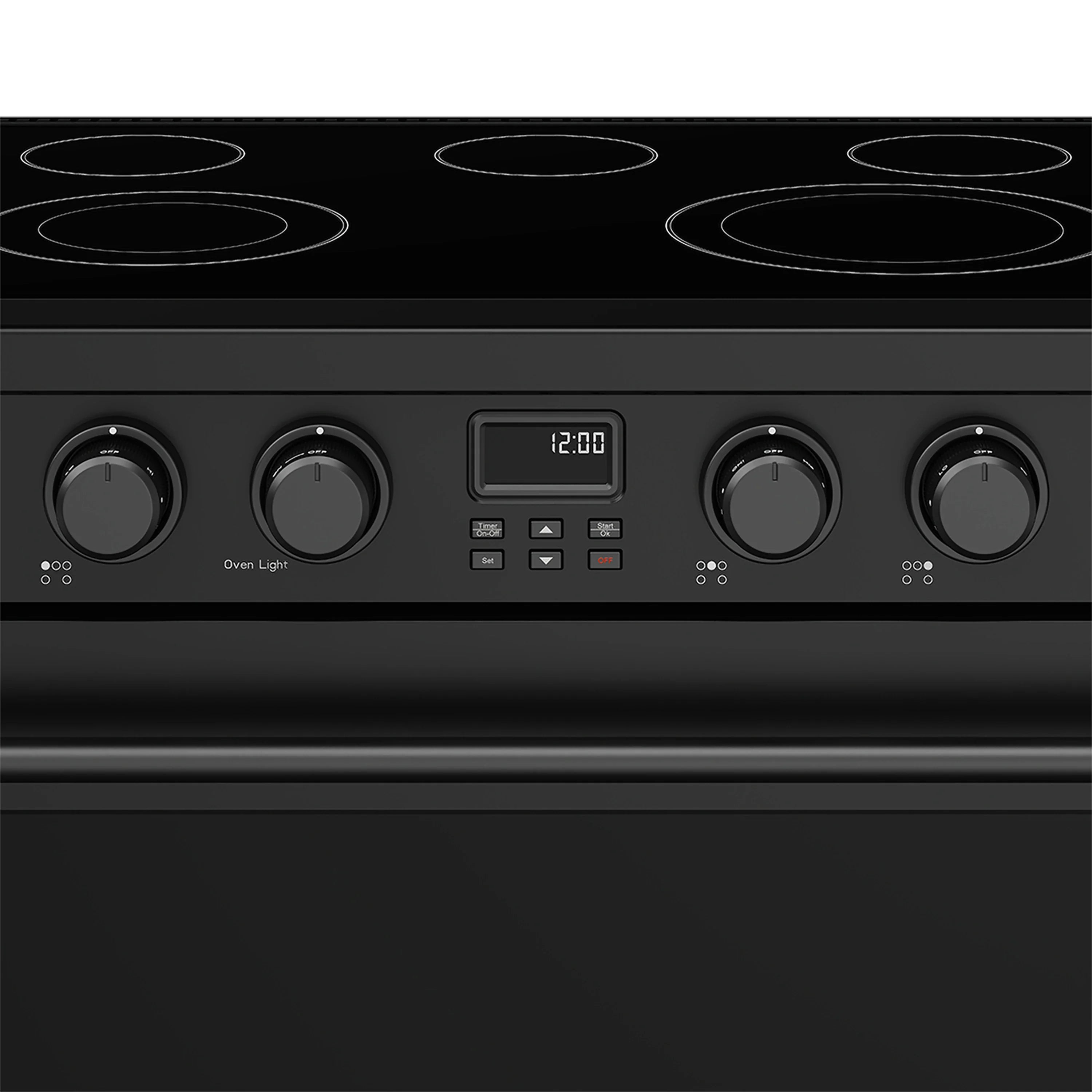 Black electric cooktop with four coil burners and central digital display