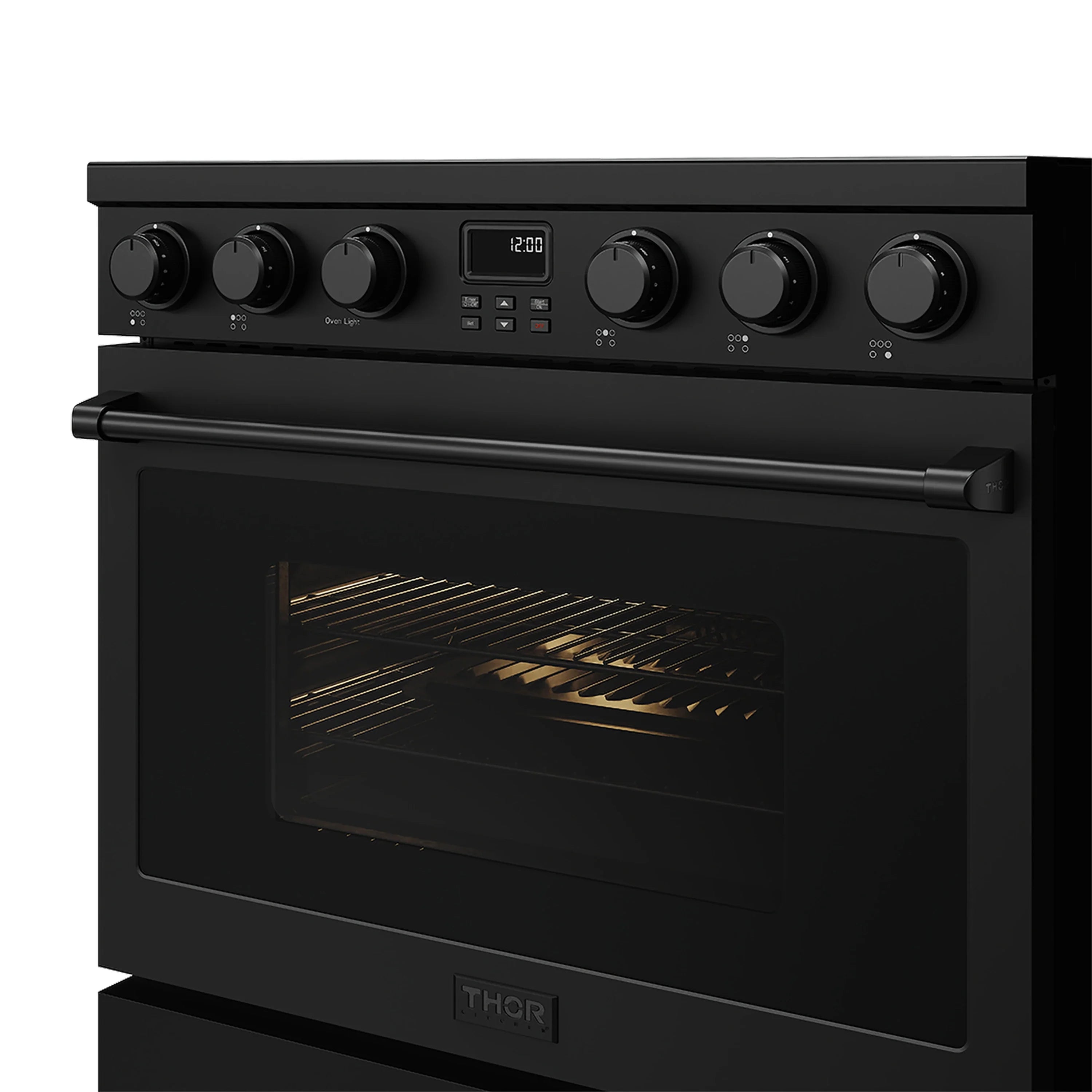 Black electric range with glass oven door window glowing heater element