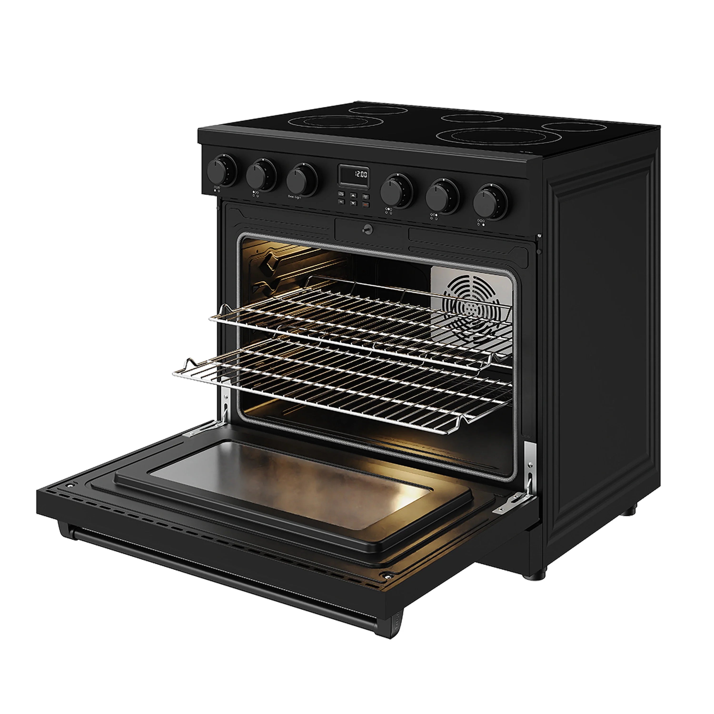 Black electric range with open oven door, visible racks and heating element