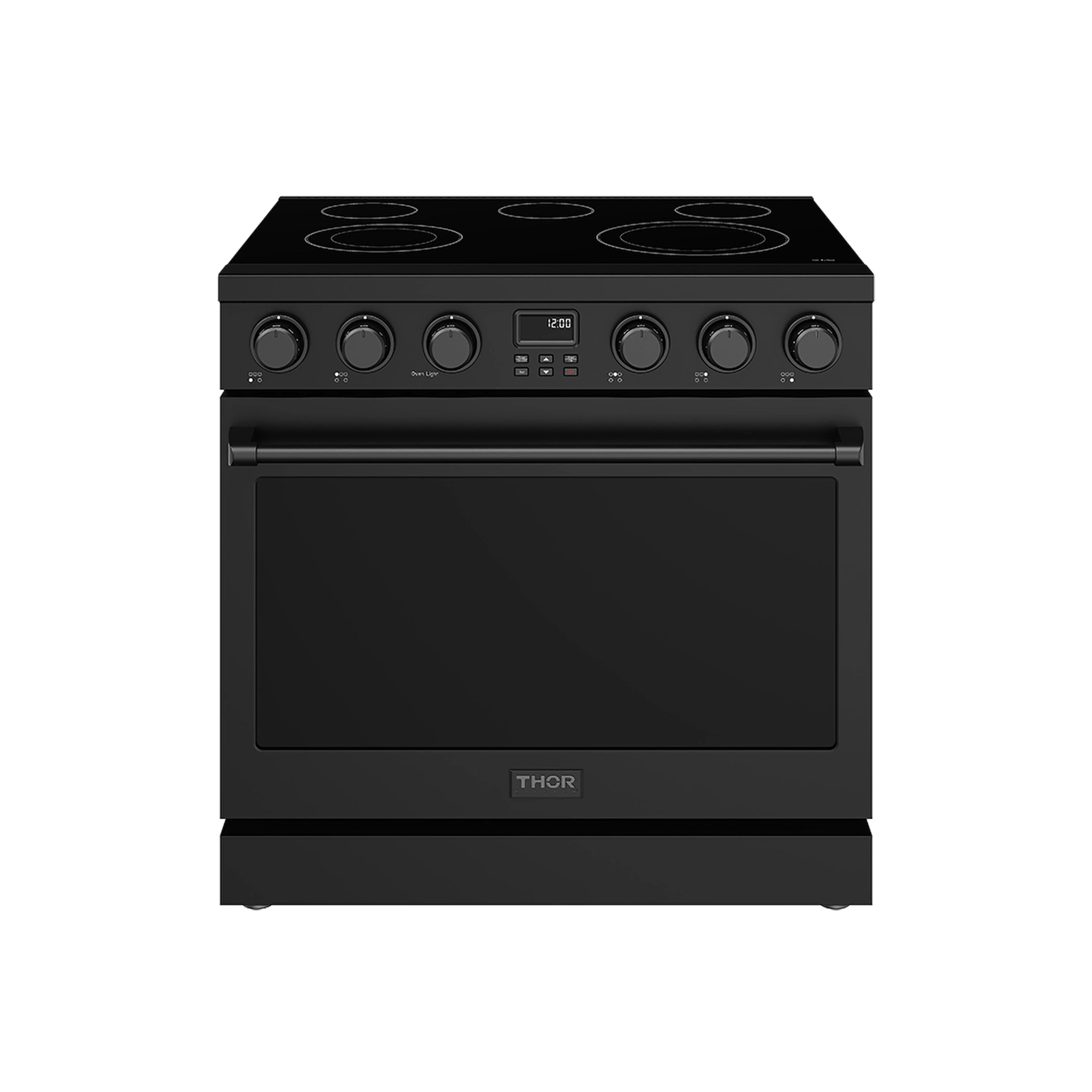 Black electric range with glass oven door and six coil cooktop burners