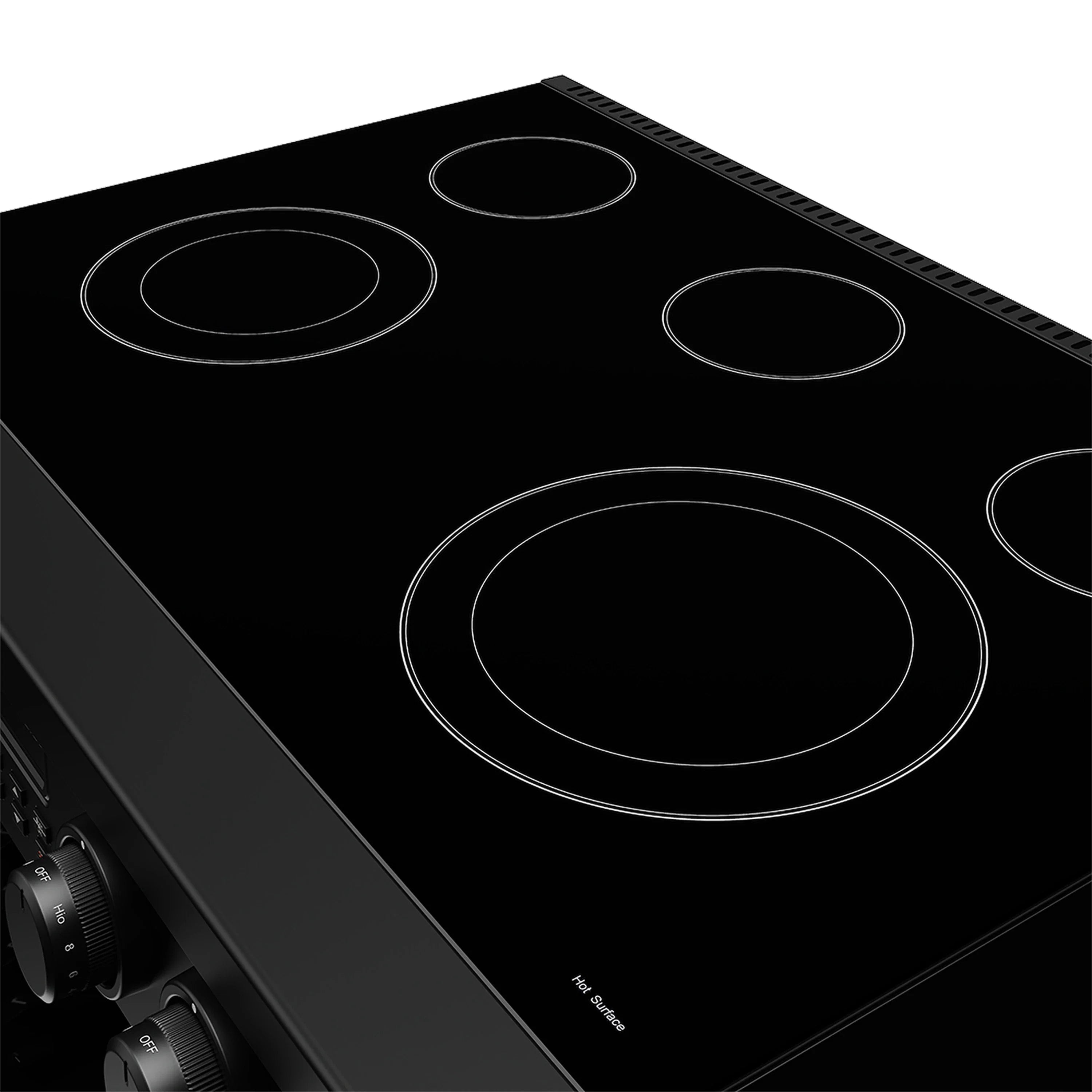 Black electric range cooktop with five coil burners and control panel edge