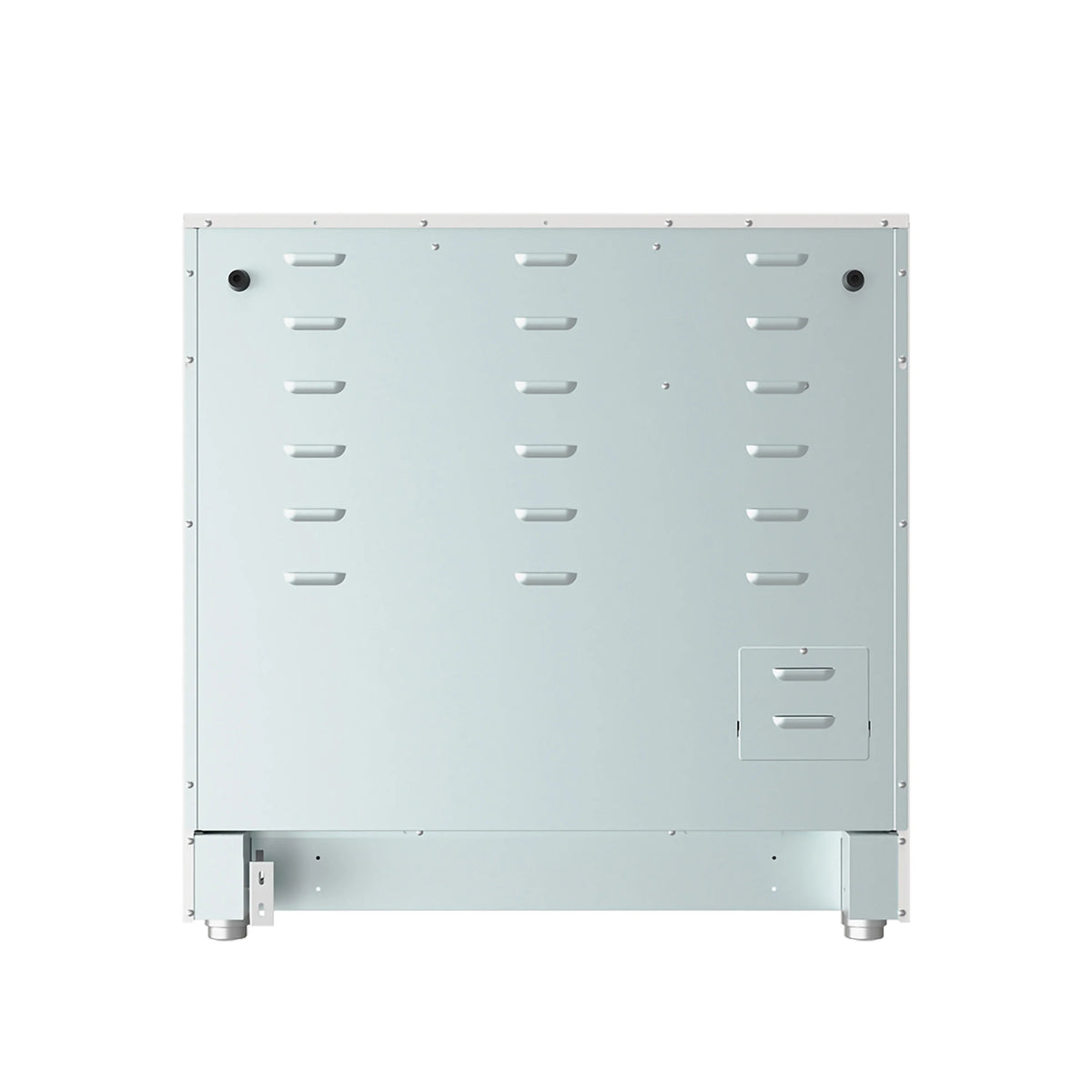 Underside base panel of an electric range with mounting feet