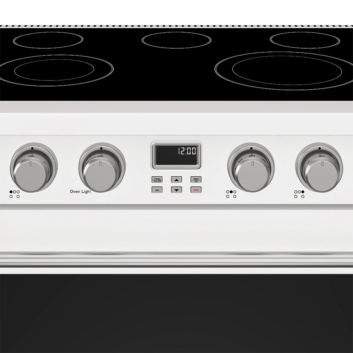 White electric range control panel with digital display, gray knobs, and oven light control