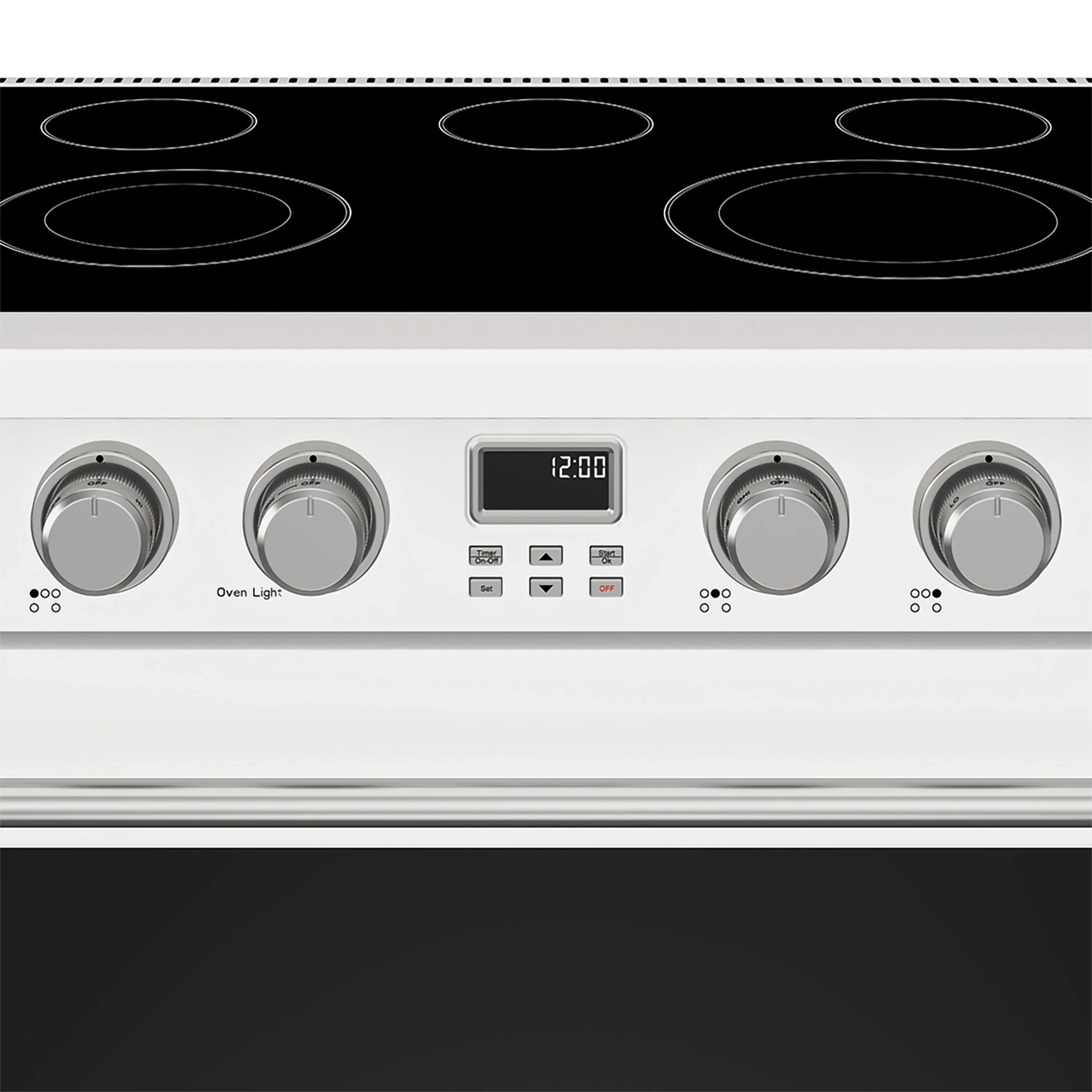 White electric range control panel with digital display and burner knobs