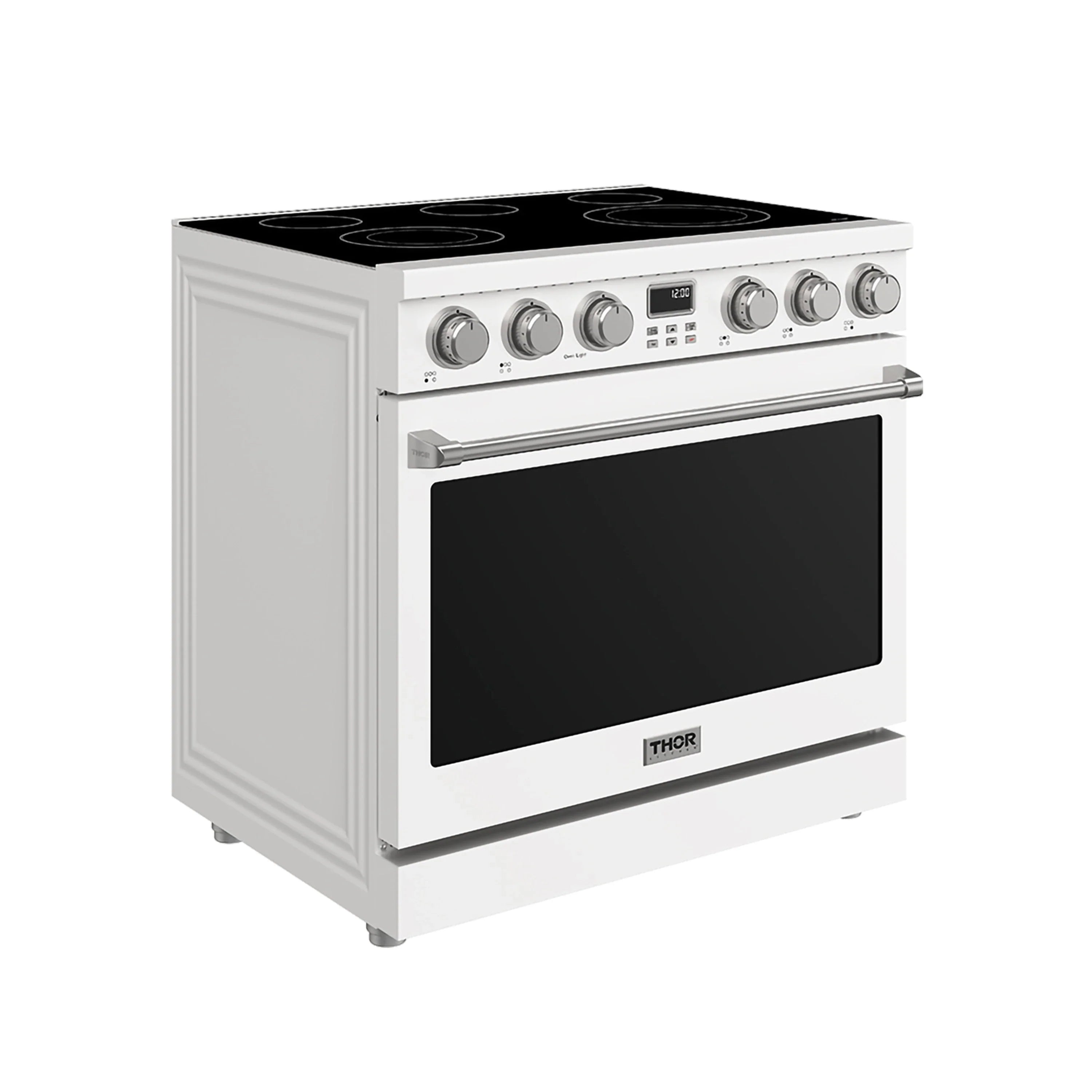 White Thor freestanding electric range with black glass cooktop and oven door