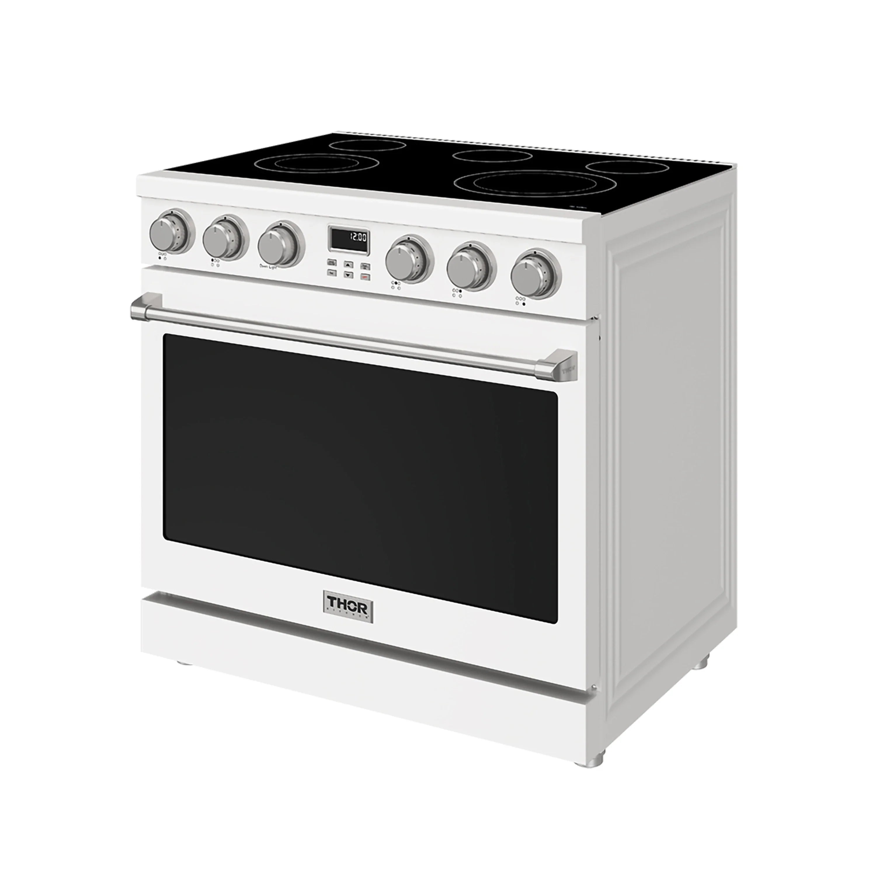 White freestanding electric range with black oven door and four coil burners on top