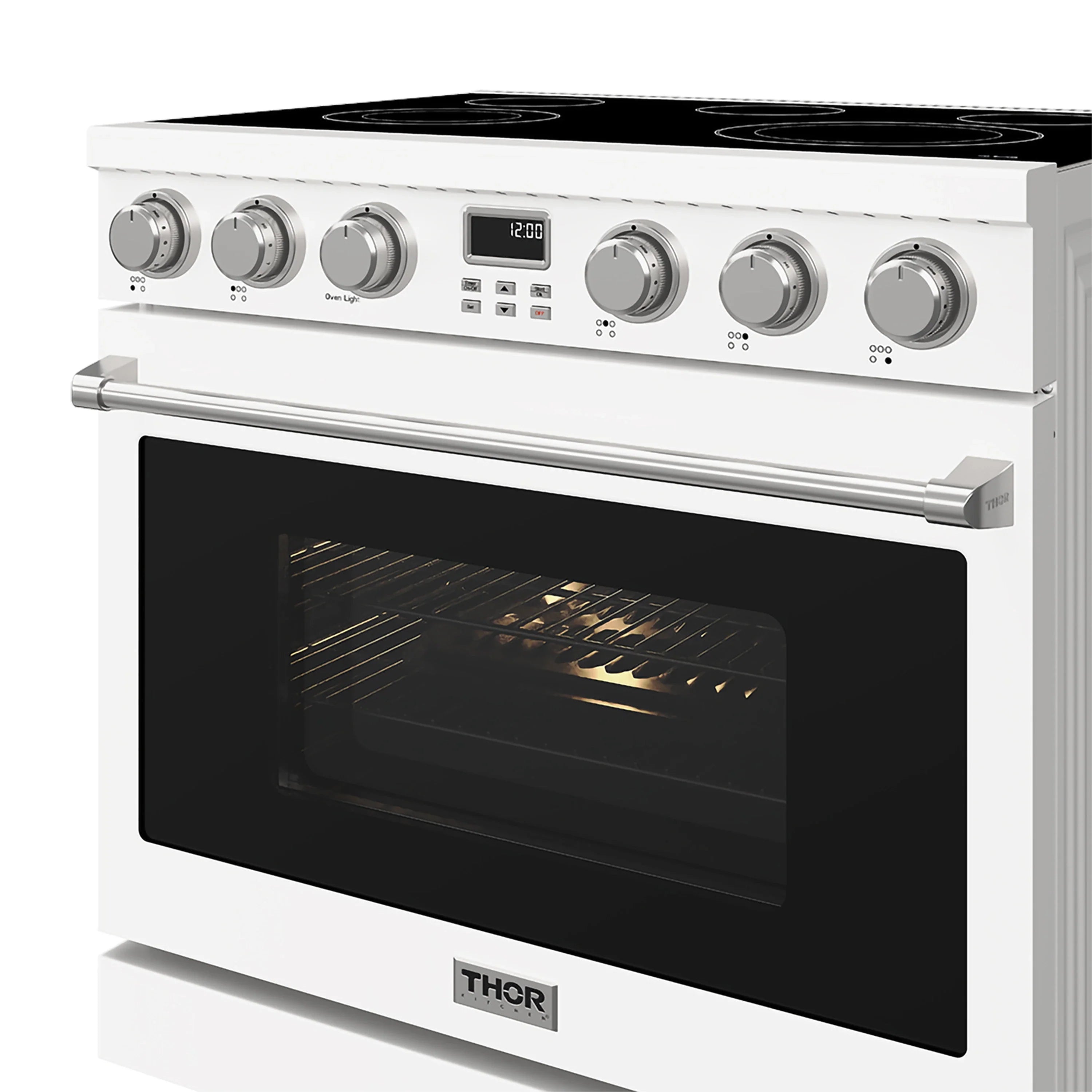 White Thor electric range with illuminated oven window and front control knobs