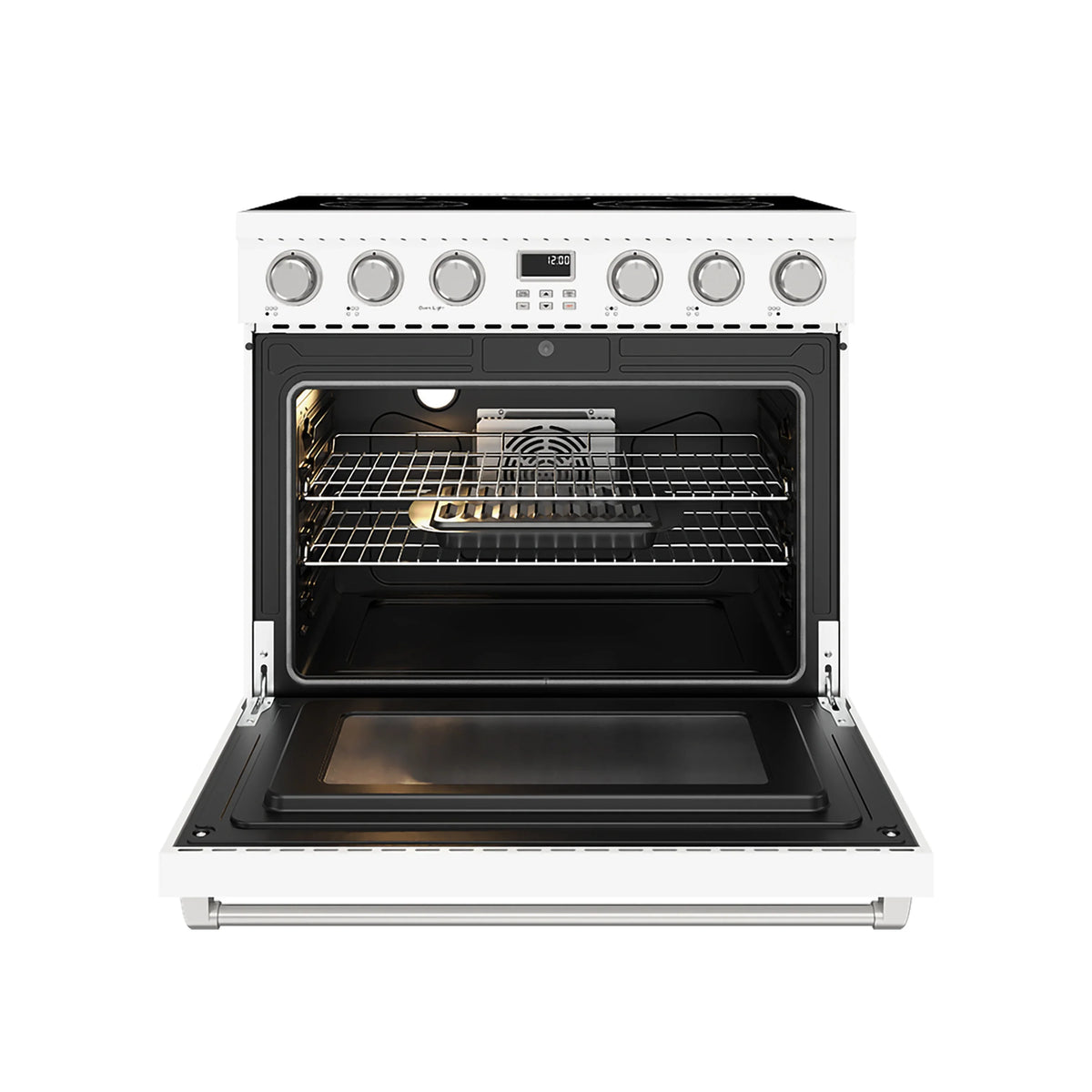 White electric range with convection oven open, wire rack and fan visible