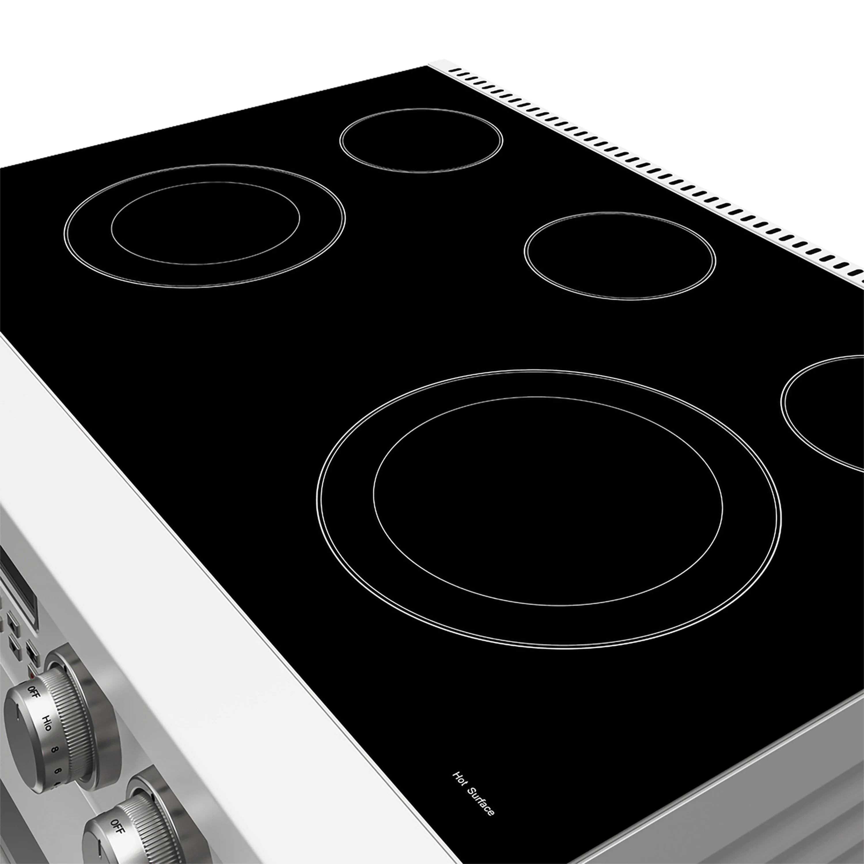 Close-up of white Thor electric cooktop with black glass and radiant burners