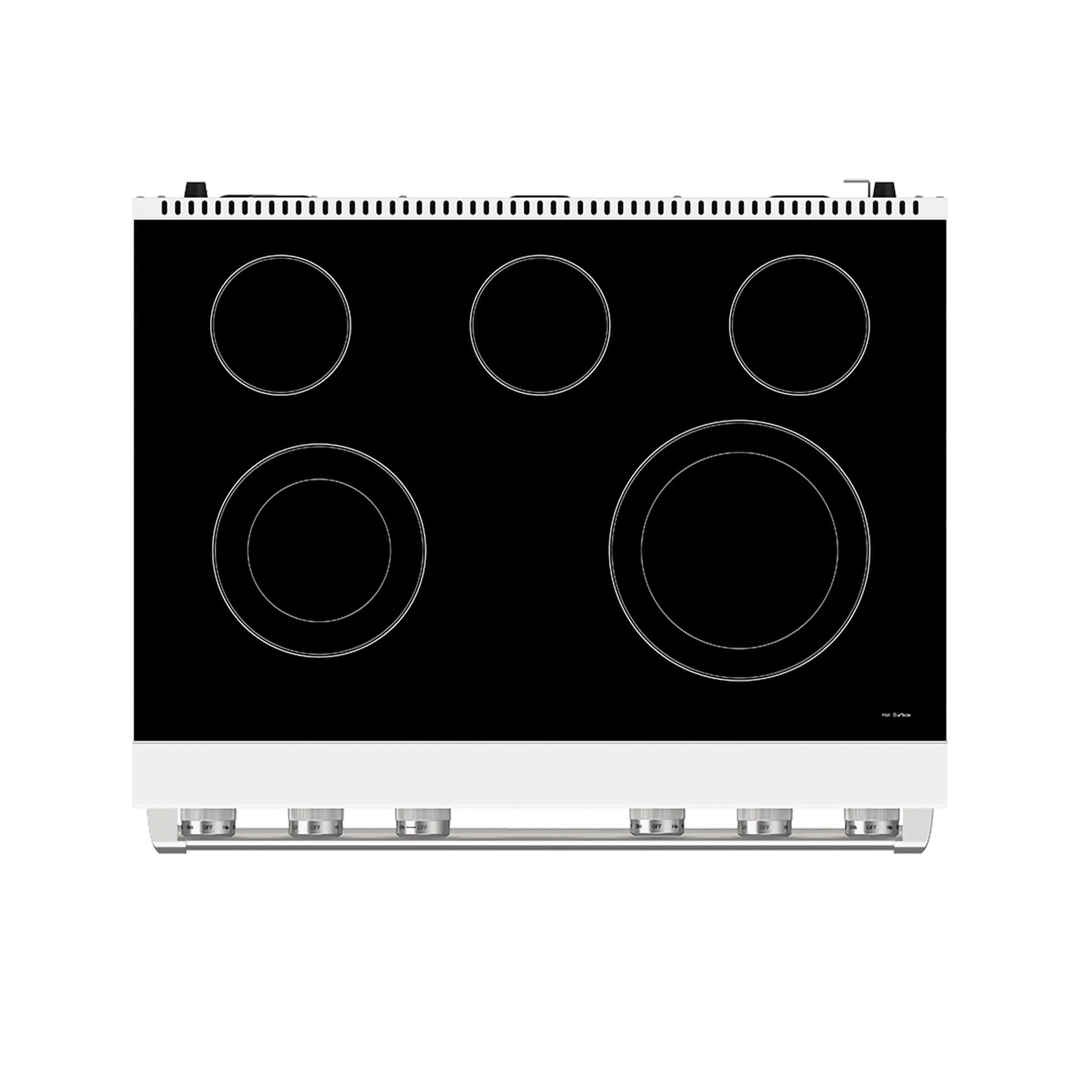 White electric range with black ceramic cooktop and five coil burner circles