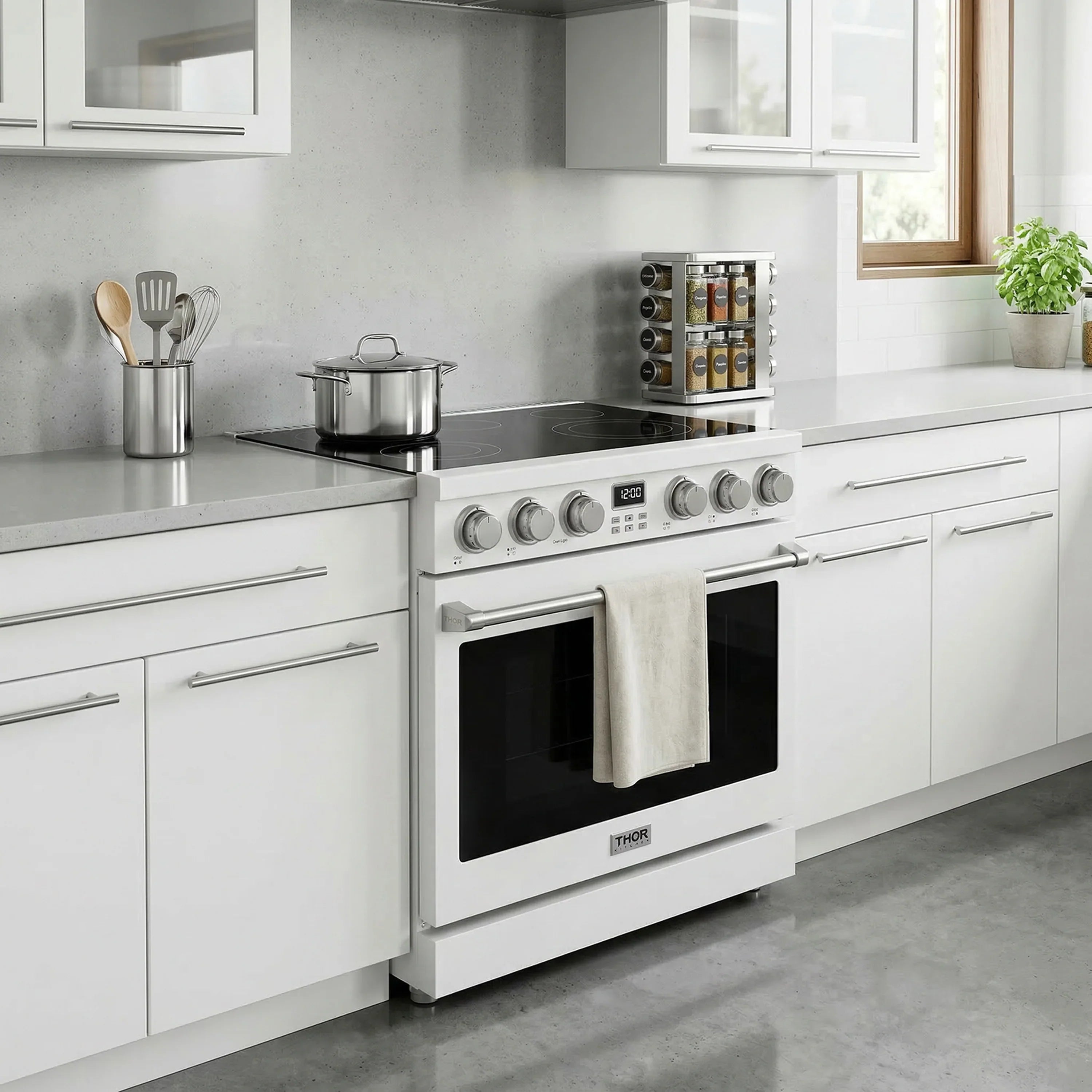 White Thor electric range with black oven door and front control knobs