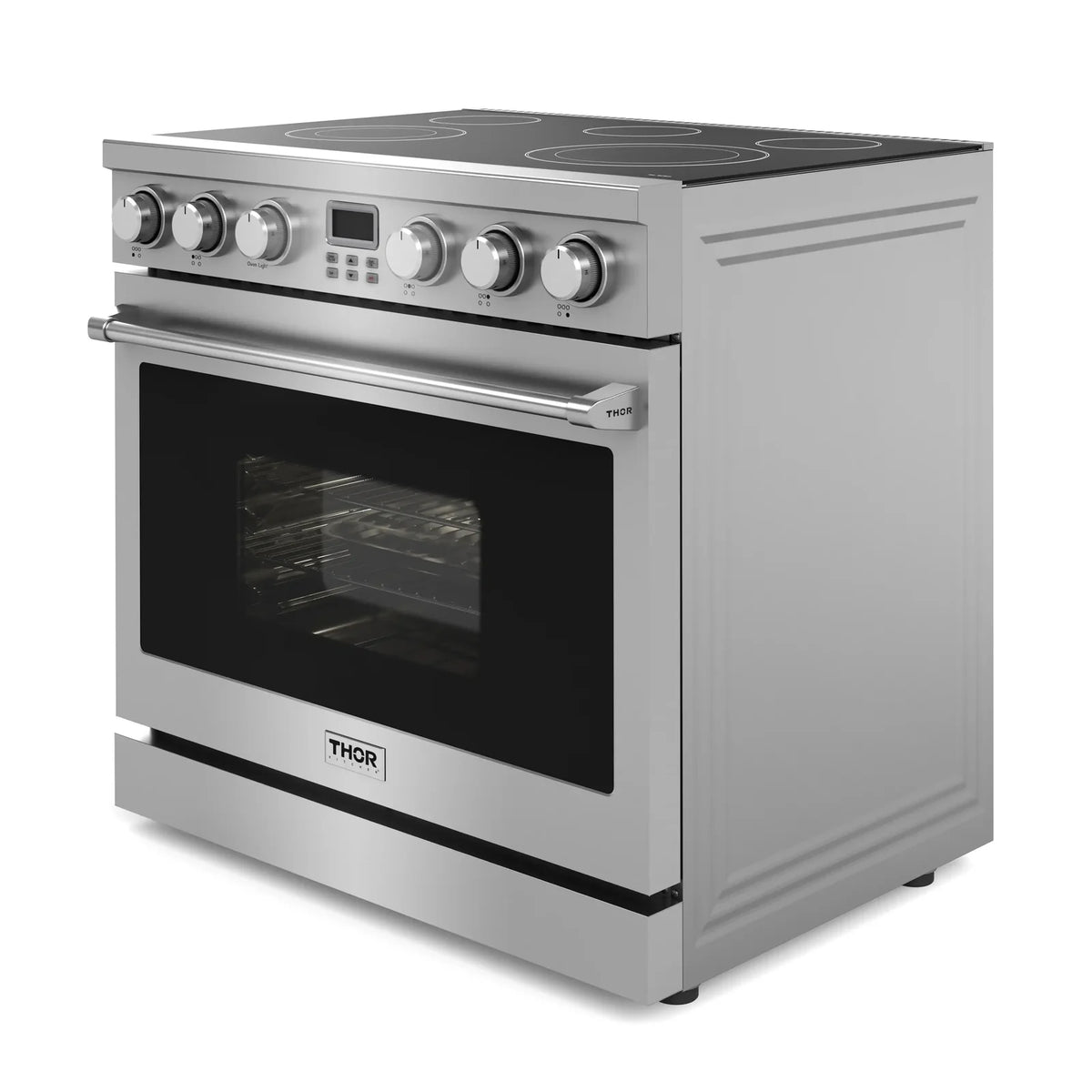 Stainless steel electric range with front control knobs and black glass door