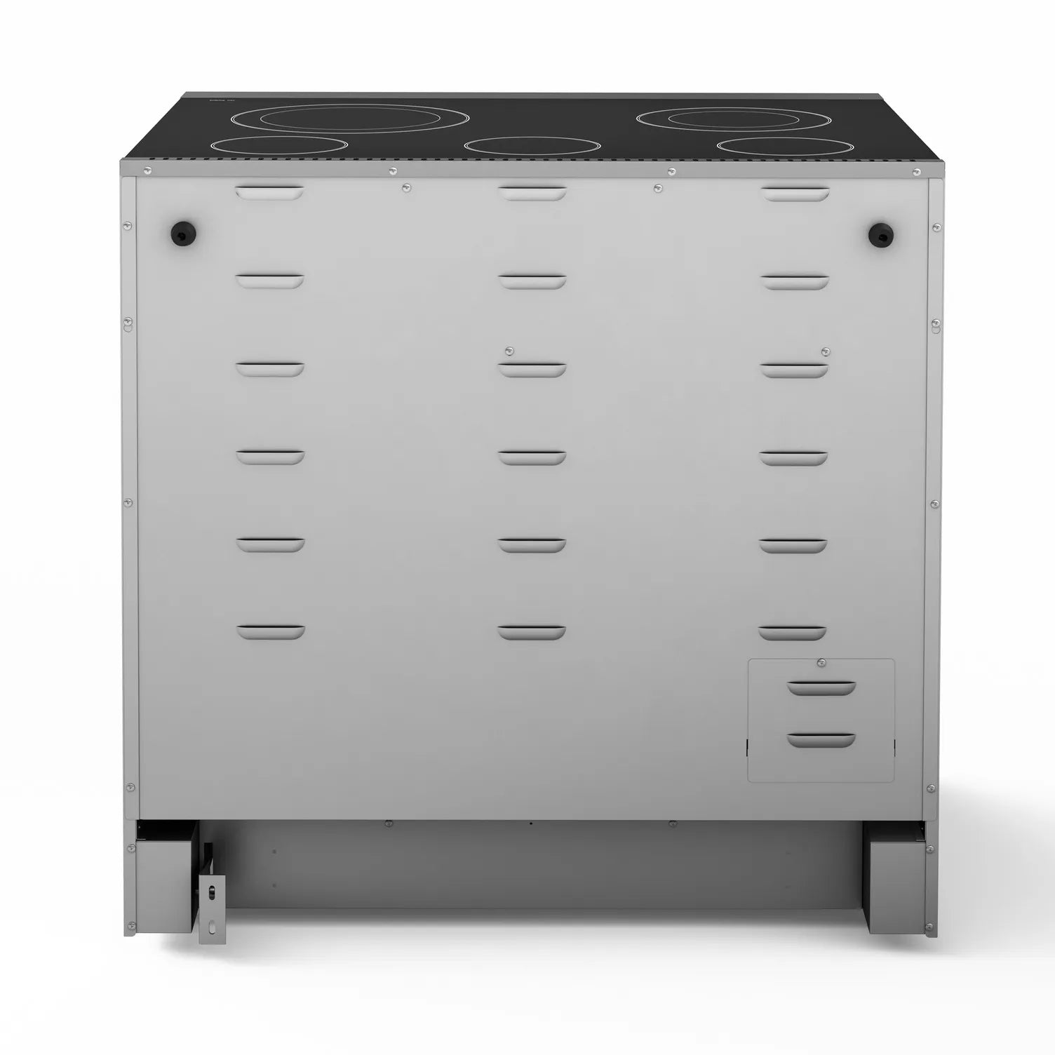 Stainless steel electric range rear with cooktop and raised vent panel