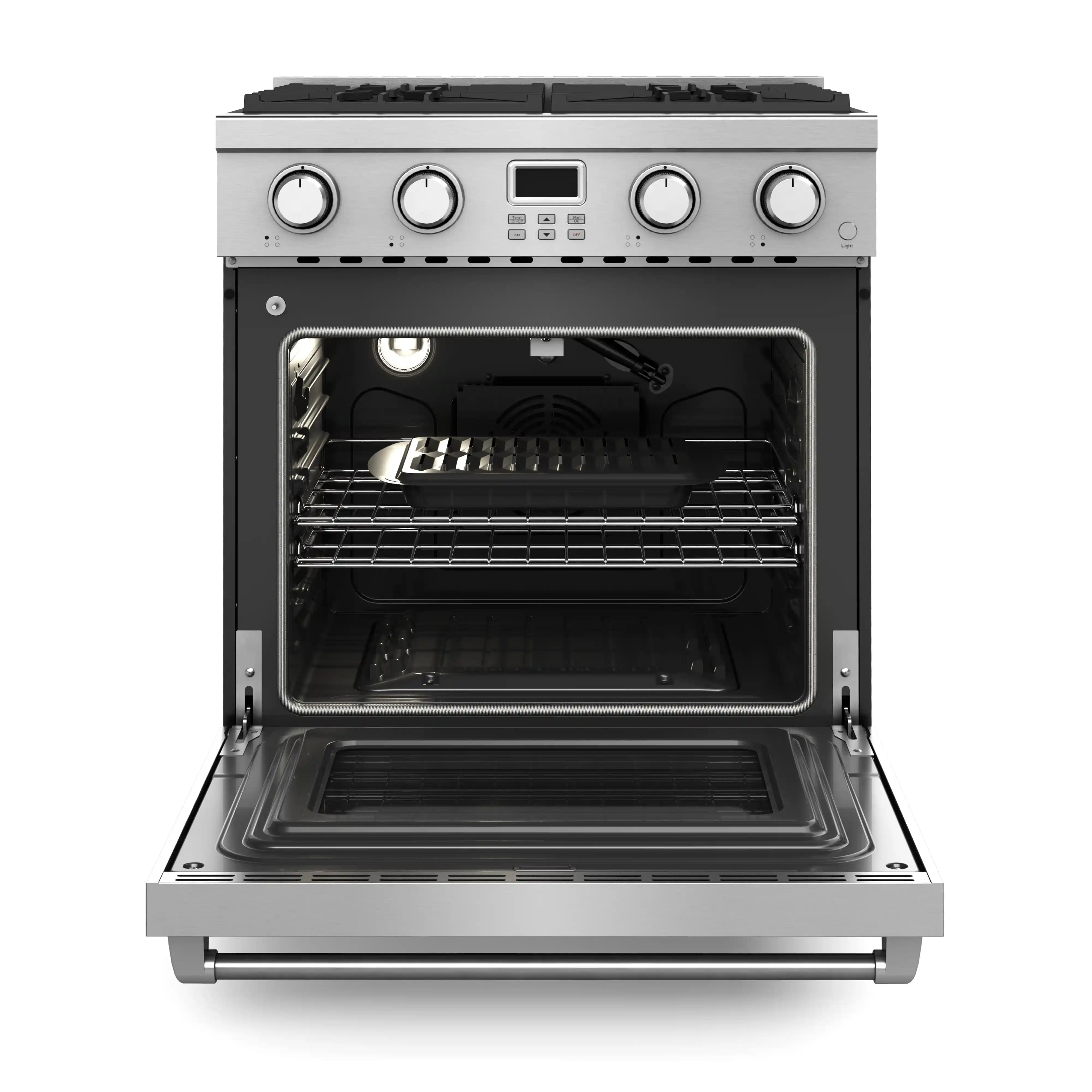Stainless steel convection oven on a gas range with racks inside, open door