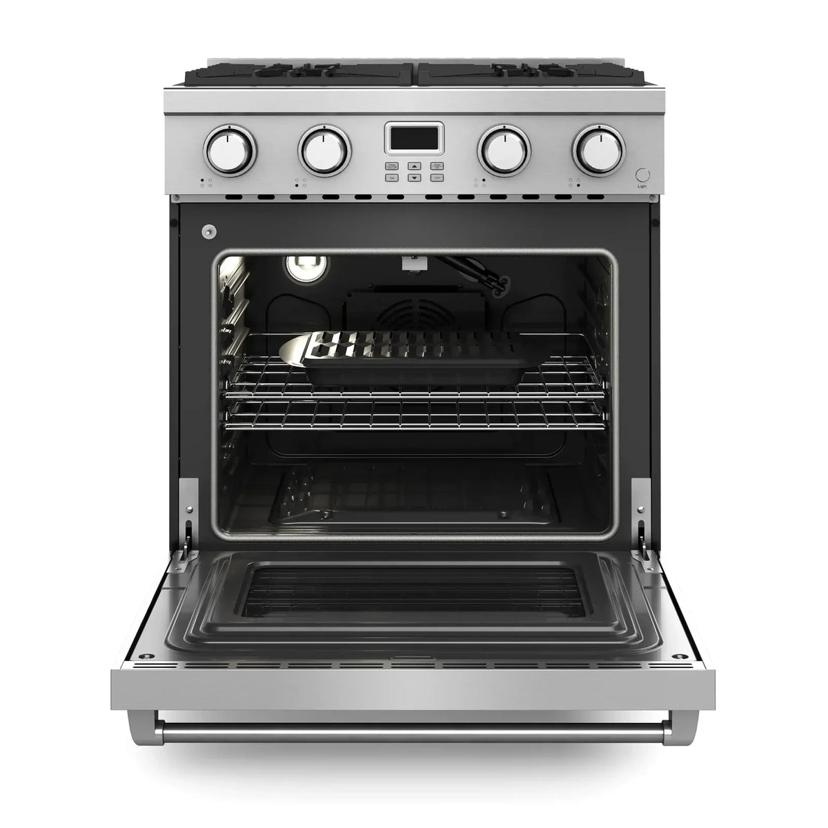 Open oven of Thor stainless steel gas range showing wire racks inside